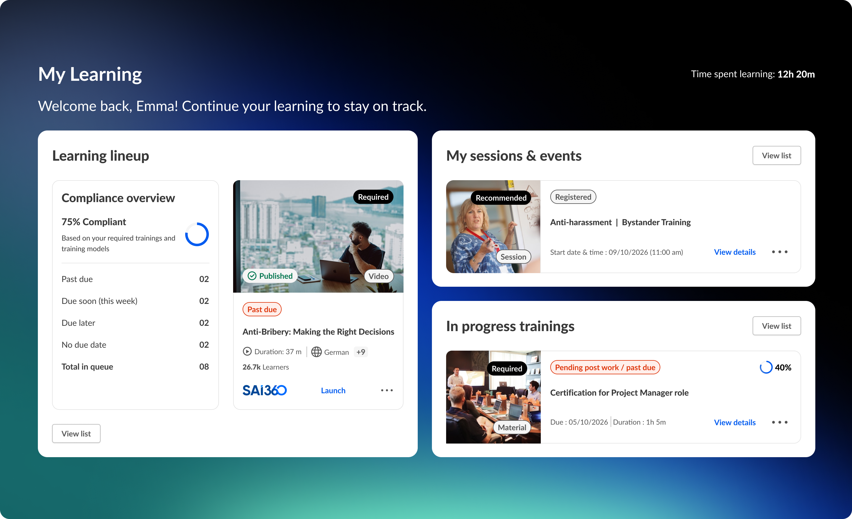 Ein digitales „Meine Lernaktivitäten“-Dashboard mit einer Übersicht über die Compliance, einem Lernprogramm, anstehenden Sitzungen und laufenden Schulungen.