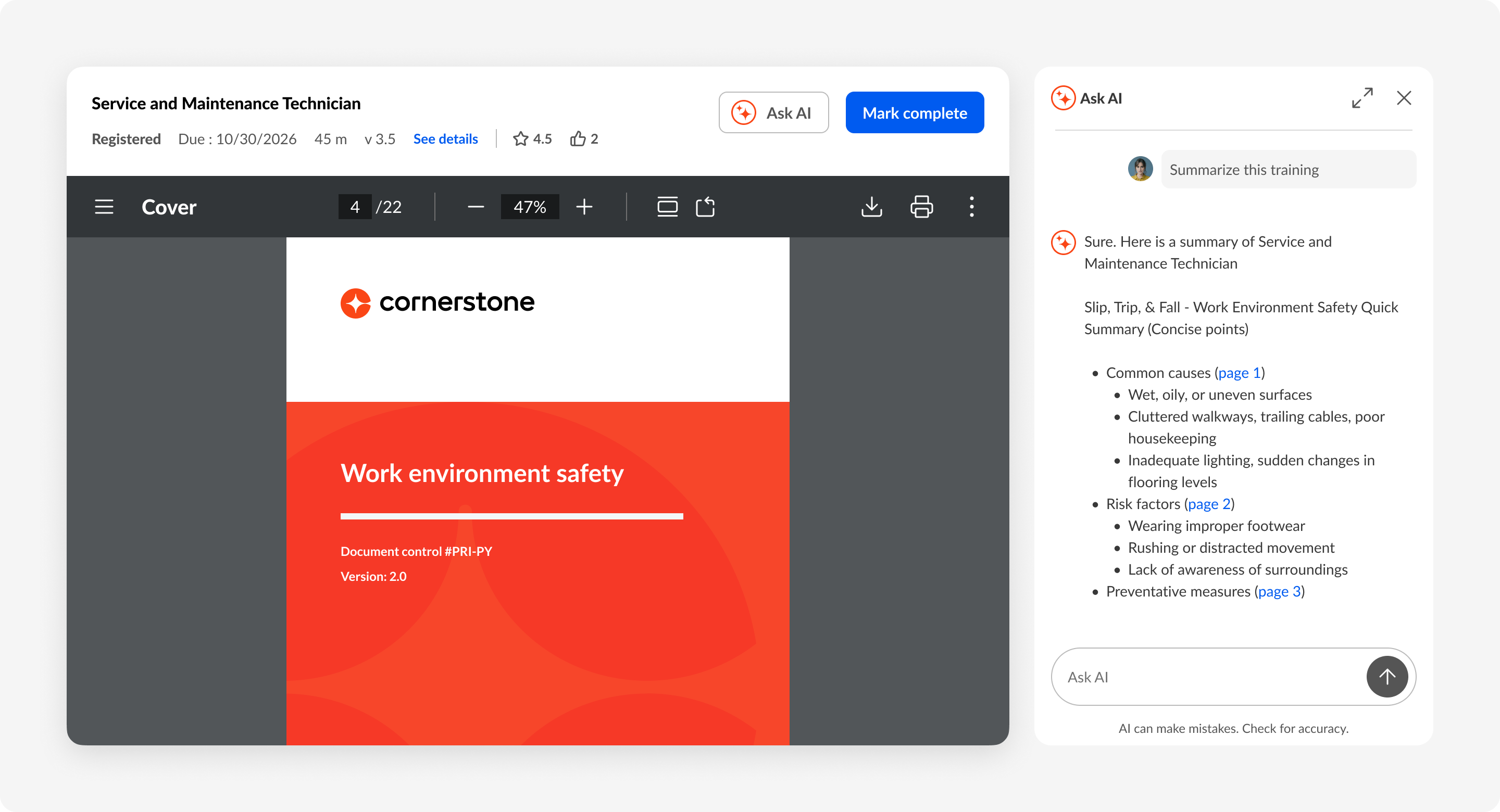 Ein E-Learning-Modul zum Thema „Sicherheit in der Arbeitsumgebung“ wird angezeigt, wobei ein KI-Chatbot die wichtigsten Sicherheitshinweise zu „Ausrutschen, Stolpern und Stürzen“ zusammenfasst.