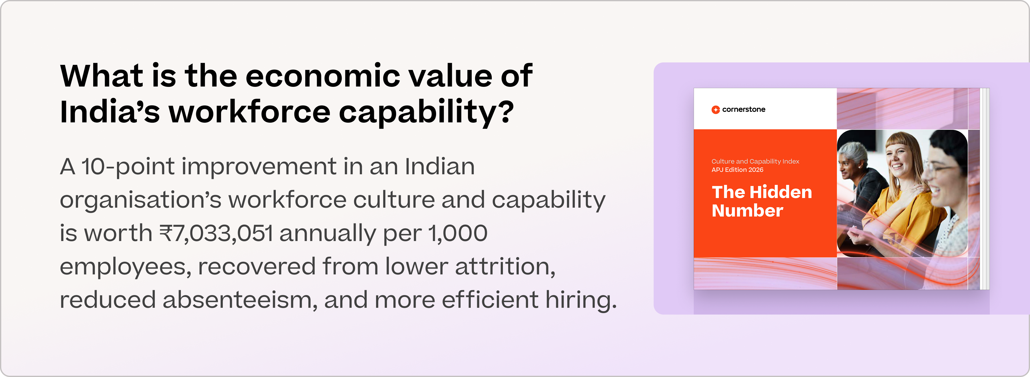 An informational graphic stating that a 10-point improvement in India's workforce capability is worth ₹7,033,051 annually per 1,000 employees, next to a Cornerstone report cover titled "The Hidden Number."
