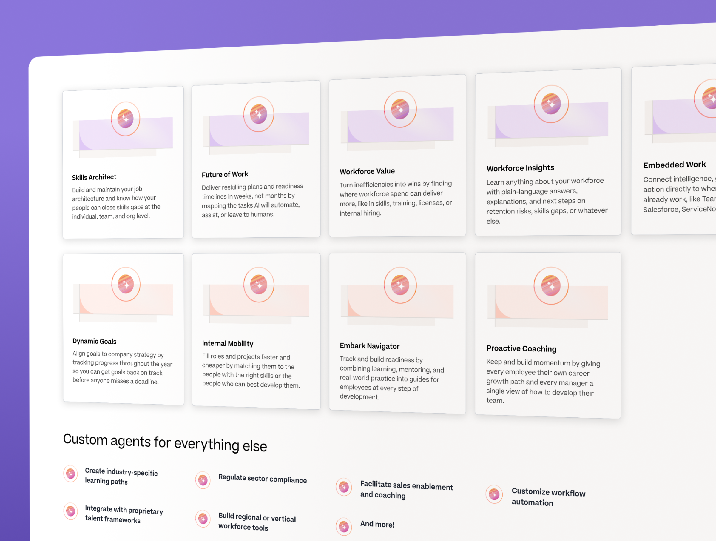 A product interface displaying a grid of cards for workforce management agents like "Skills Architect" and "Workforce Insights," plus a list of custom agent options.