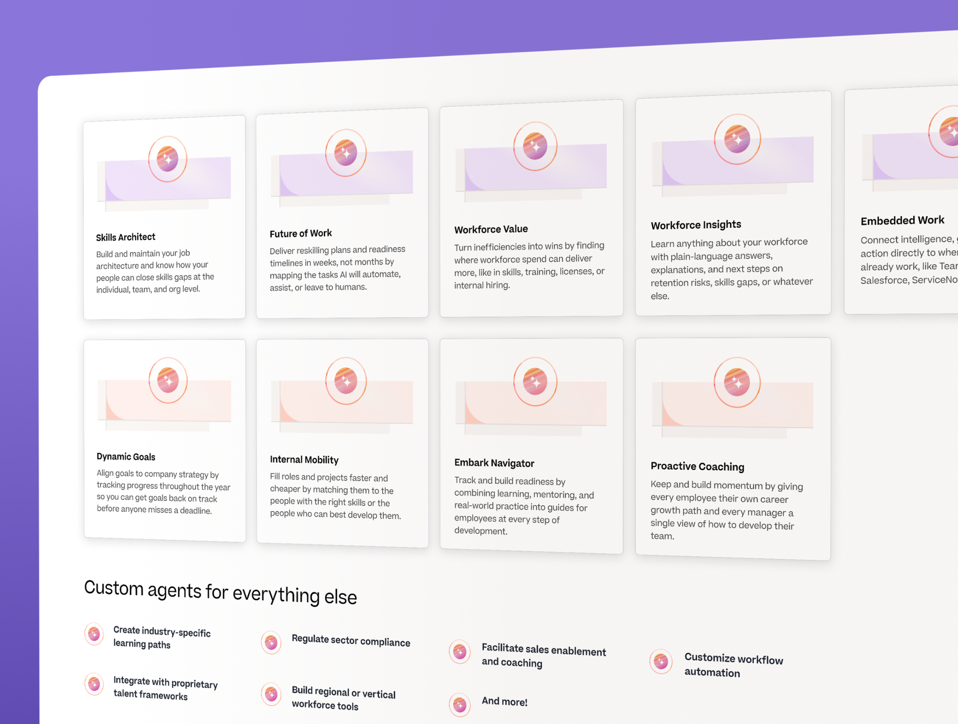 A product interface displaying a grid of cards for workforce management agents like "Skills Architect" and "Workforce Insights," plus a list of custom agent options.