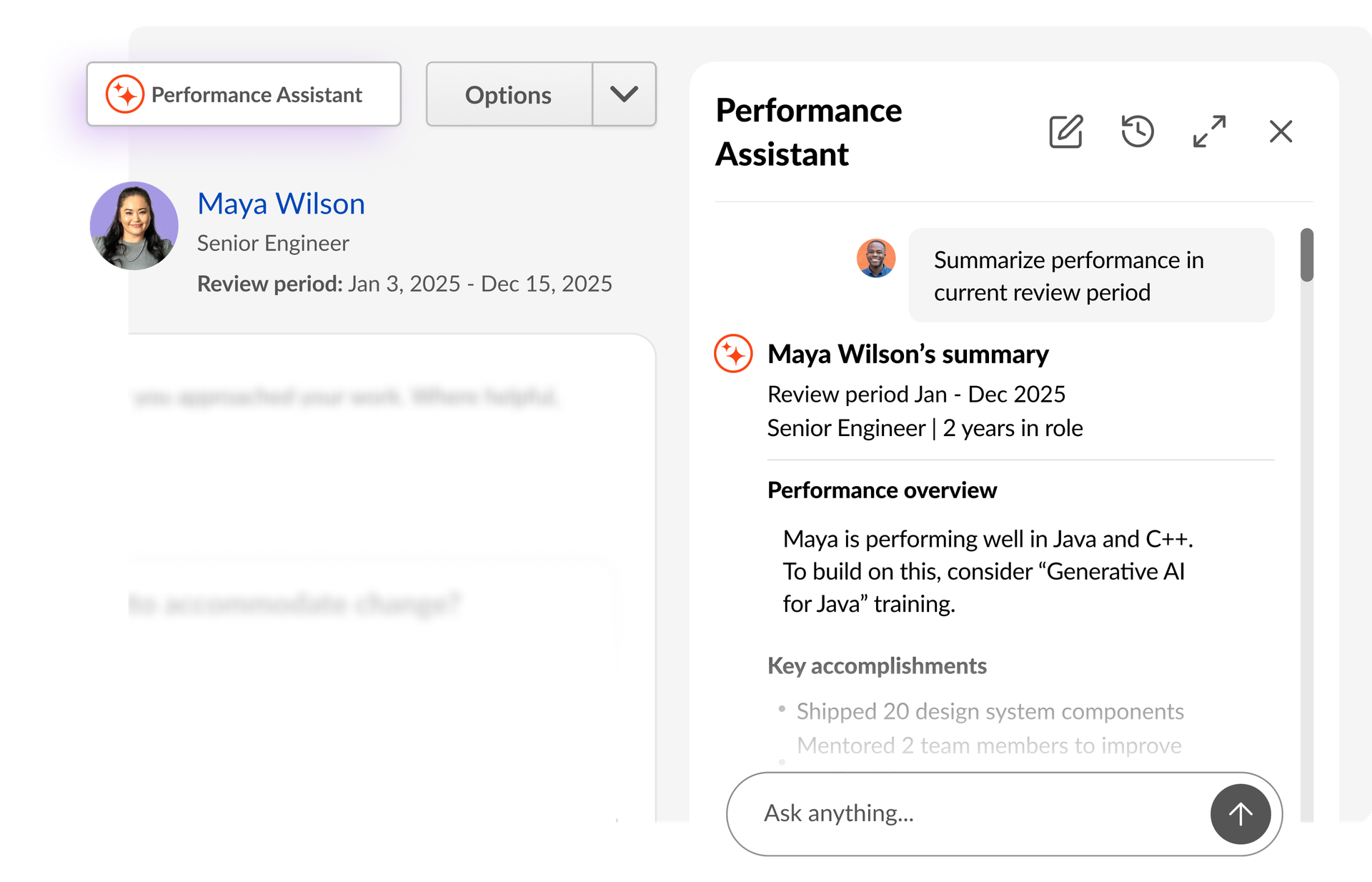 A "Performance Assistant" software interface displaying a summary of Maya Wilson's performance, skills, and accomplishments.