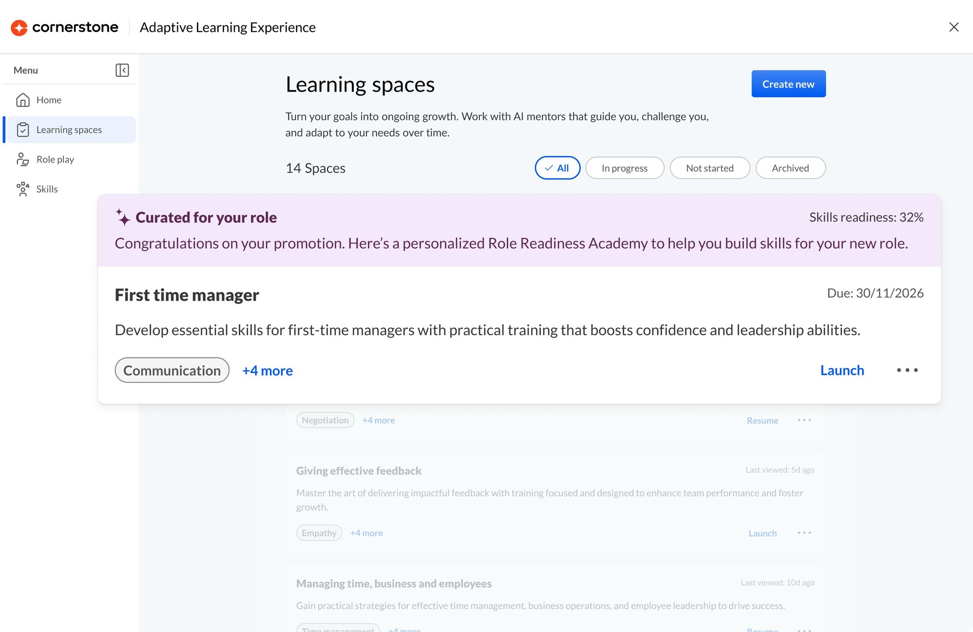 A Cornerstone Adaptive Learning Experience dashboard showing 'Learning spaces' with a personalized 'First time manager' course recommendation.