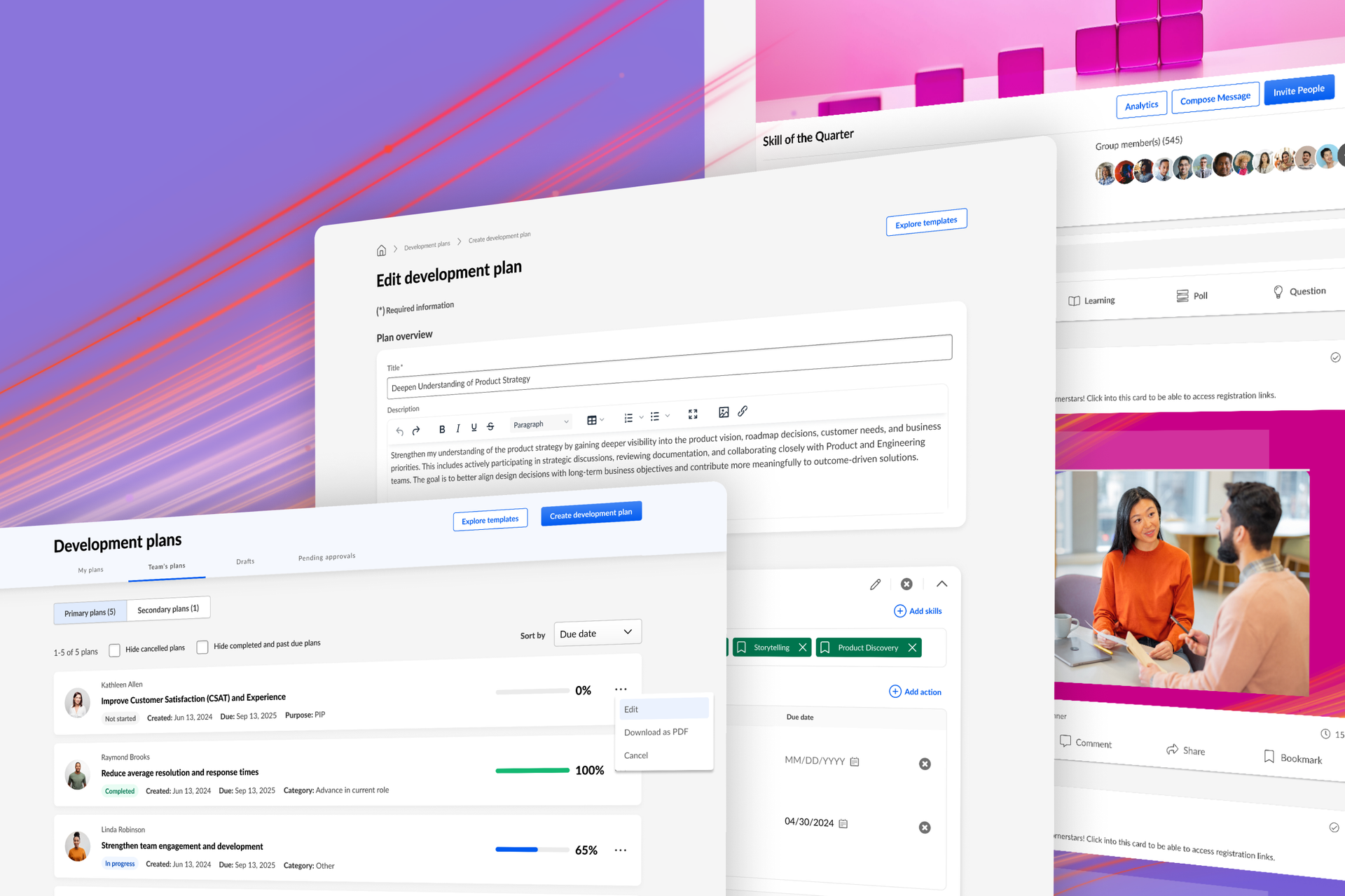 Multiple digital screens showing development plans, project editing, and collaboration features against a purple and pink abstract background.