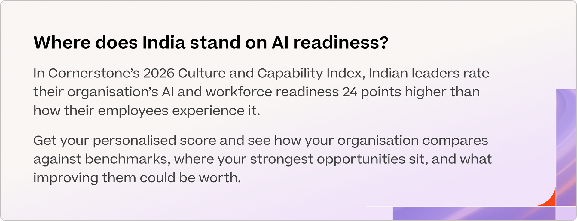 Text asking "Where does India stand on AI readiness?" and stating leaders rate AI readiness 24 points higher than employees.