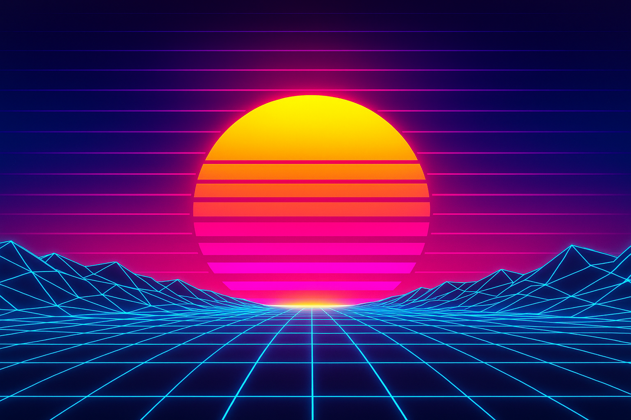 Epic retrowave horizon into the ai future.