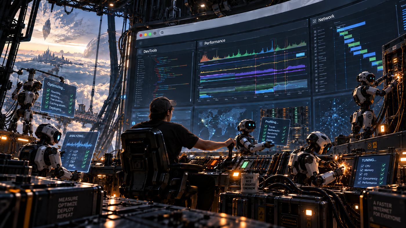 Engineer and robot agents tuning DevTools performance, network, and profiling dashboards in a mission-control room