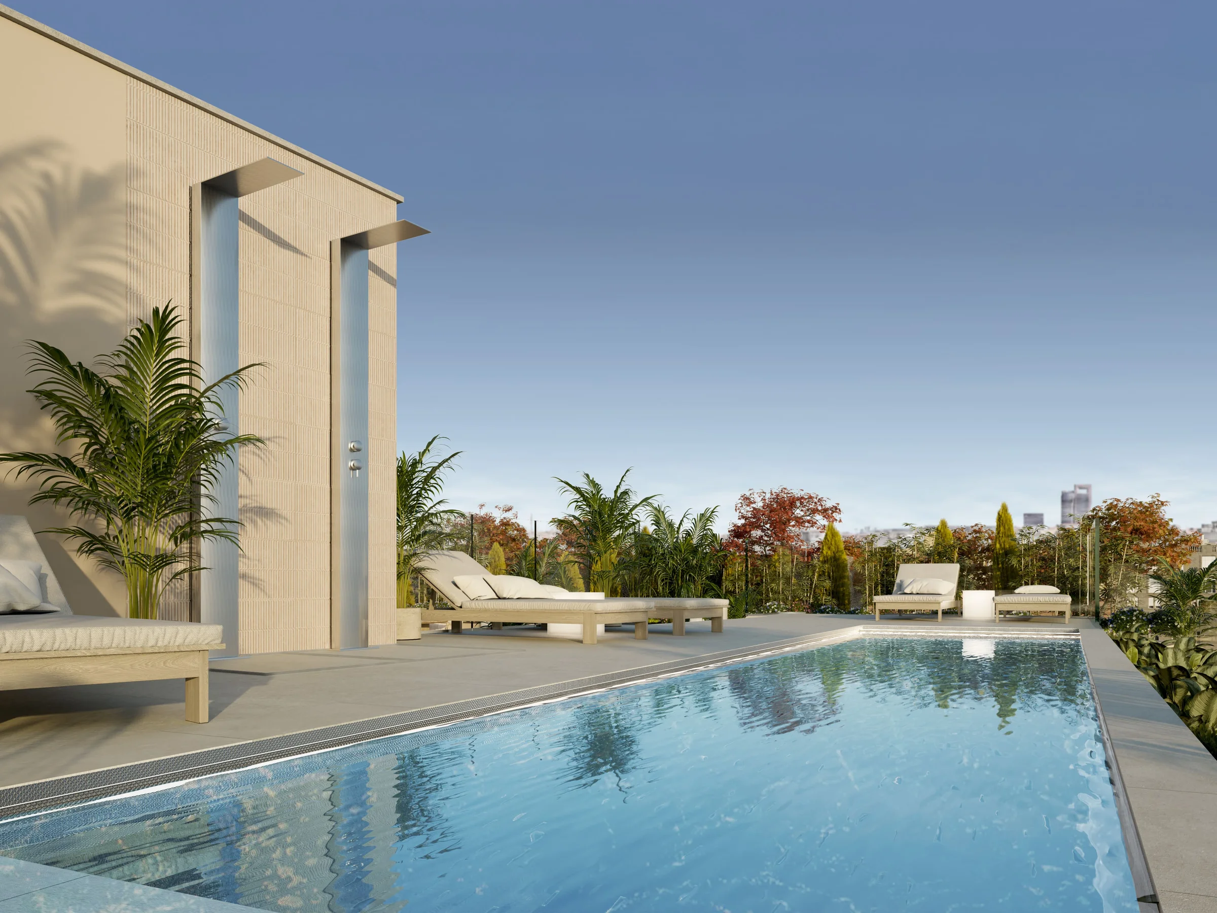 Piscina exterior con solárium