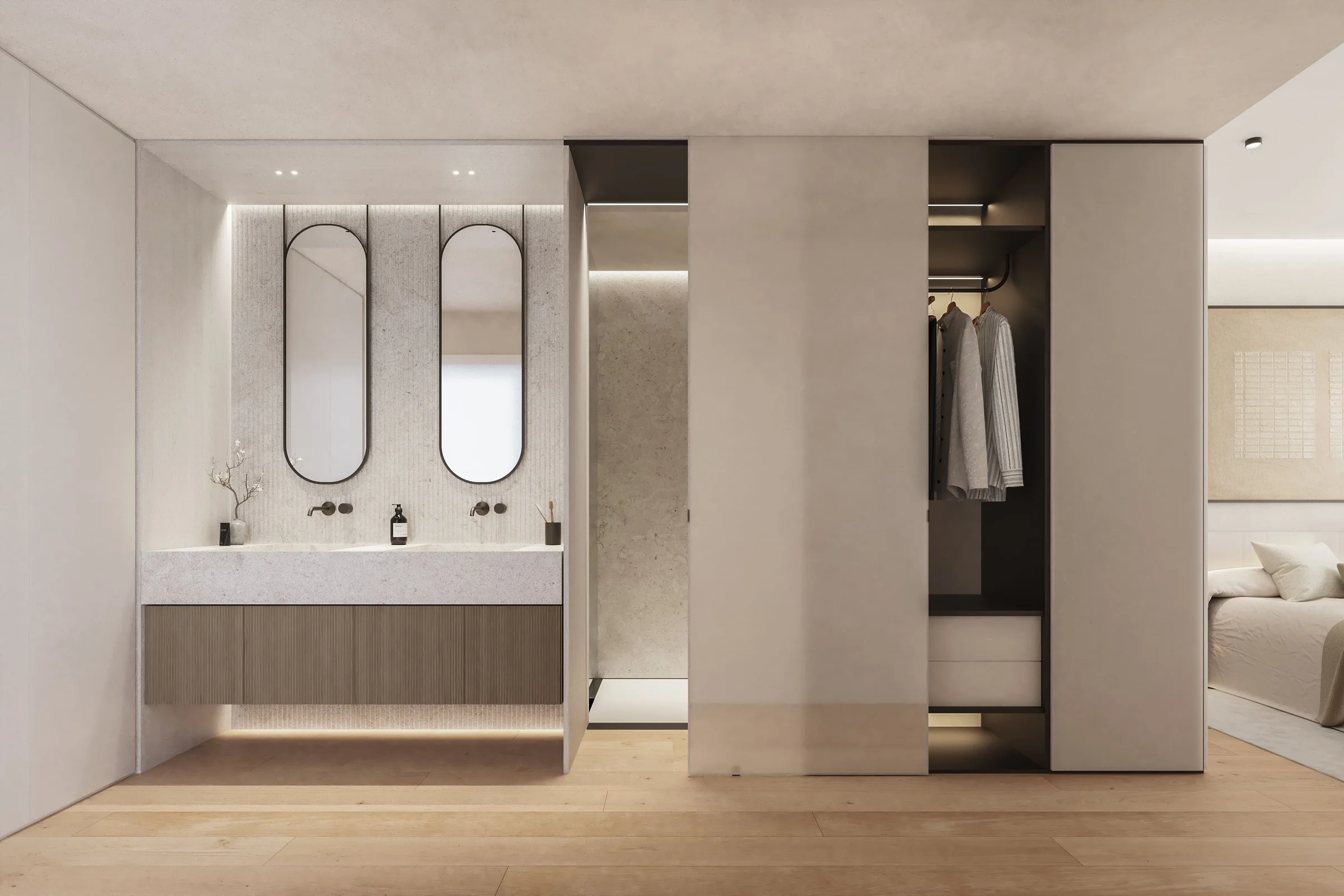 Baño con doble lavabo y vestidor