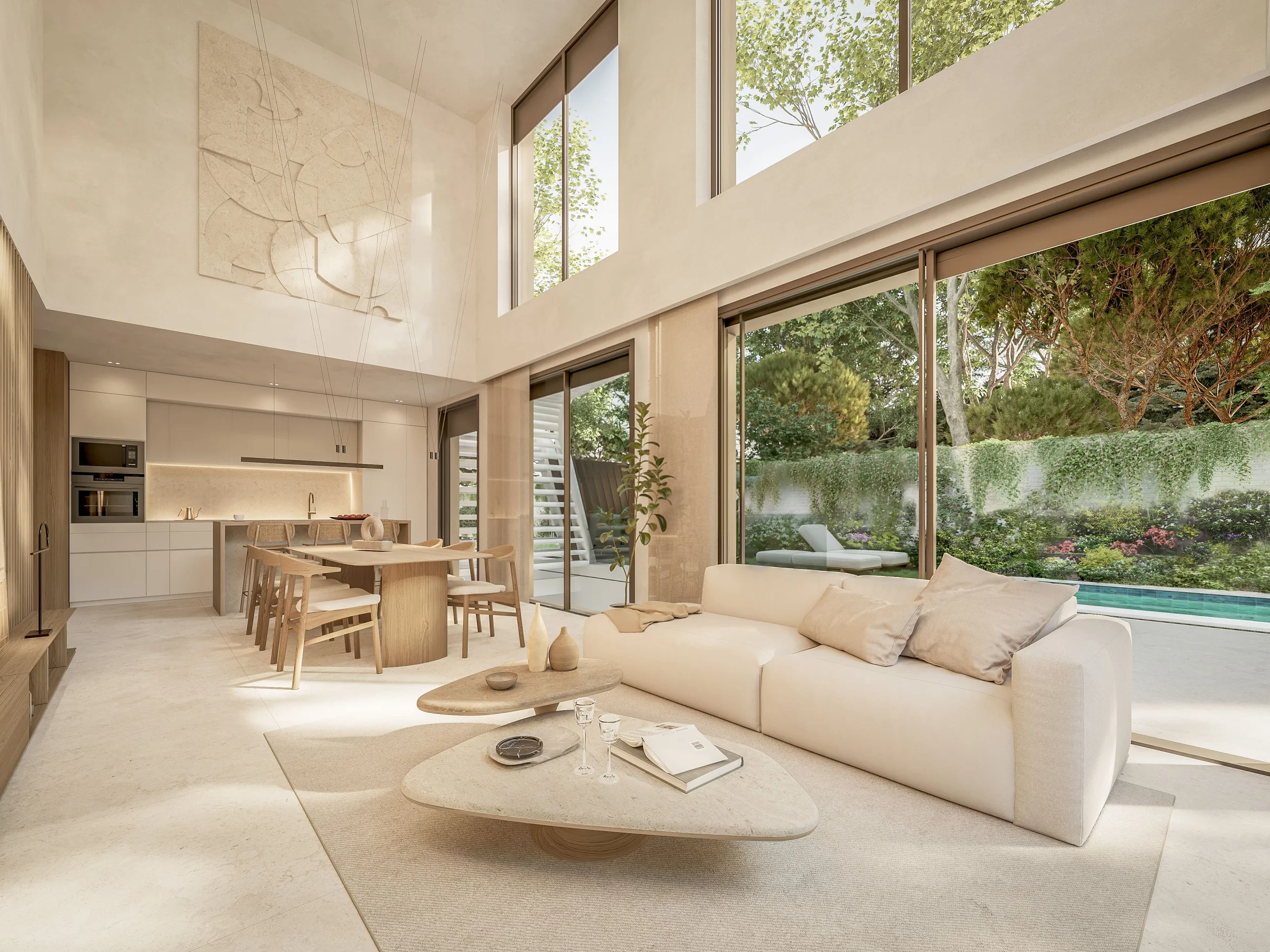 Salón con cocina abierta a doble altura