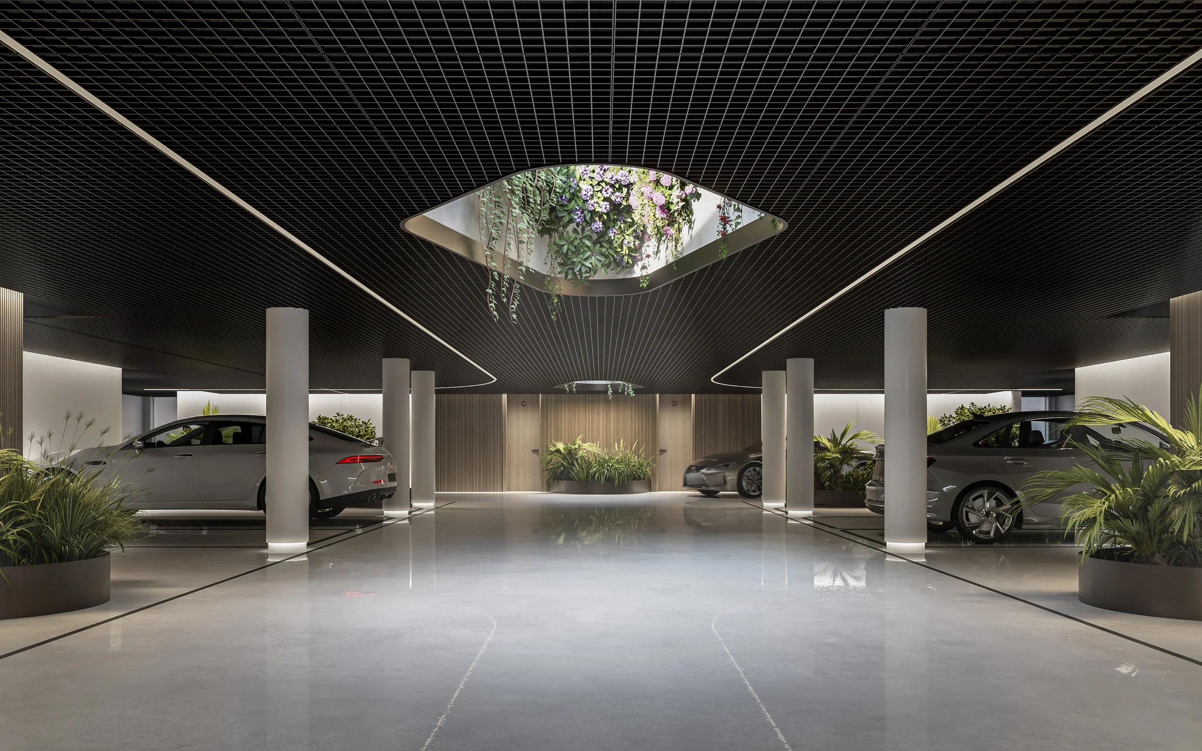 Parking común con claraboya ajardinada