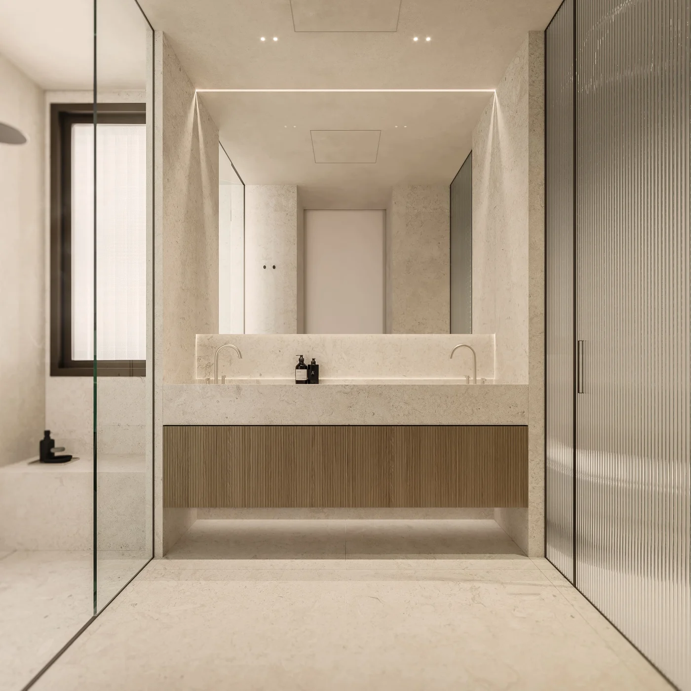 Baño principal en piedra travertino