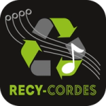 logo de recy-cordes est un ruban de Möbius ou symbole universel du recyclage traversé par des cordes et une note de musique.