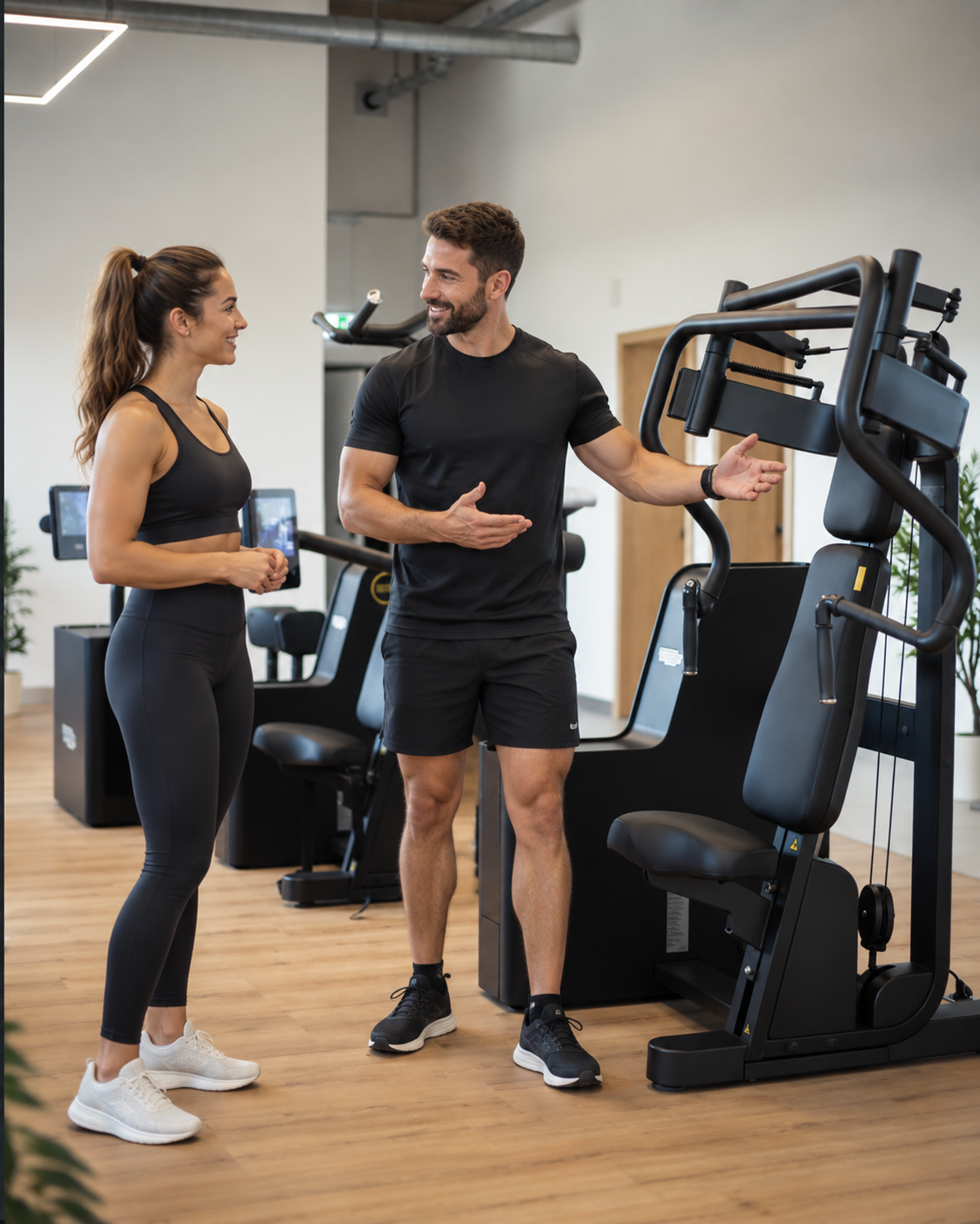 Trainer showing a woman how to use a cable machine