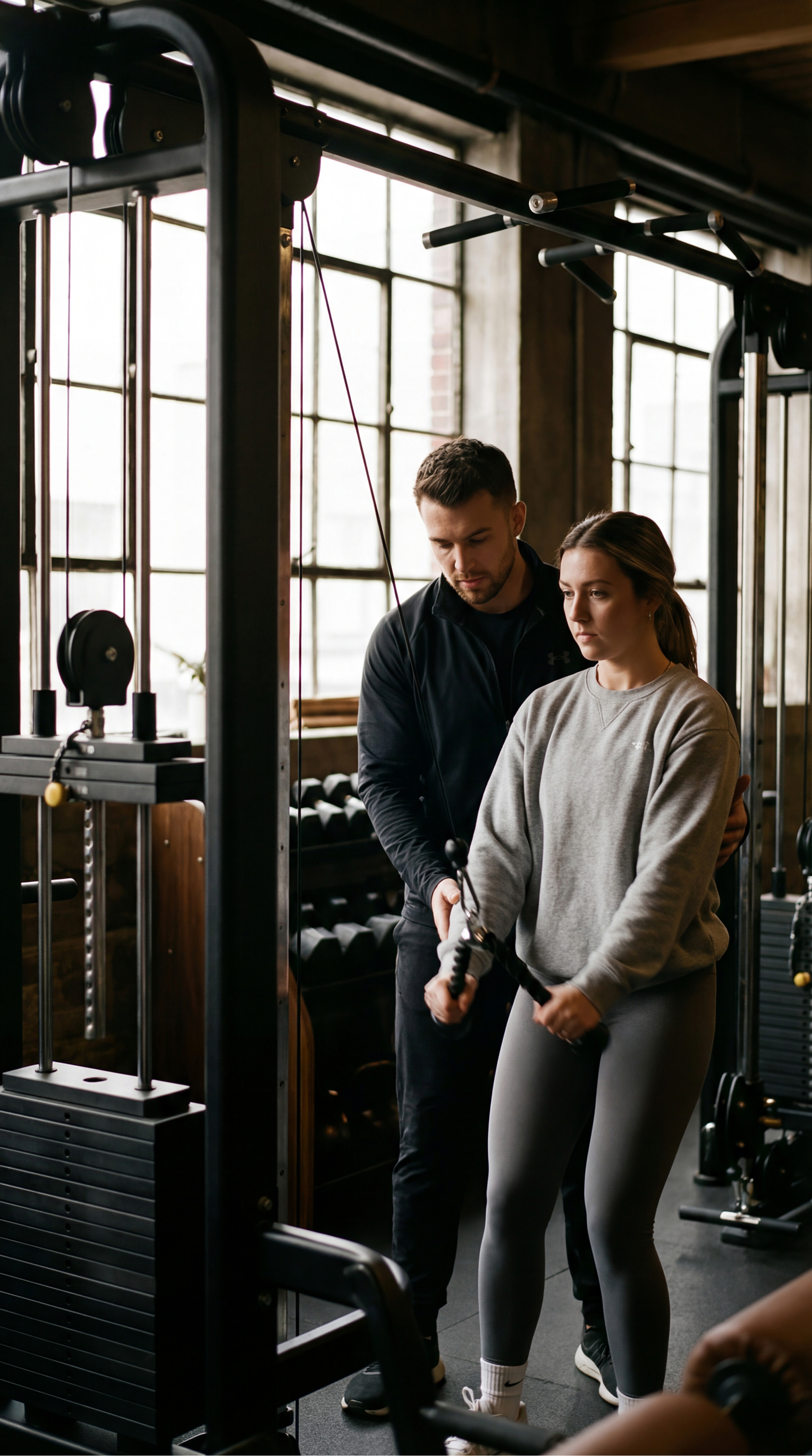 Trainer showing a woman how to use a cable machine