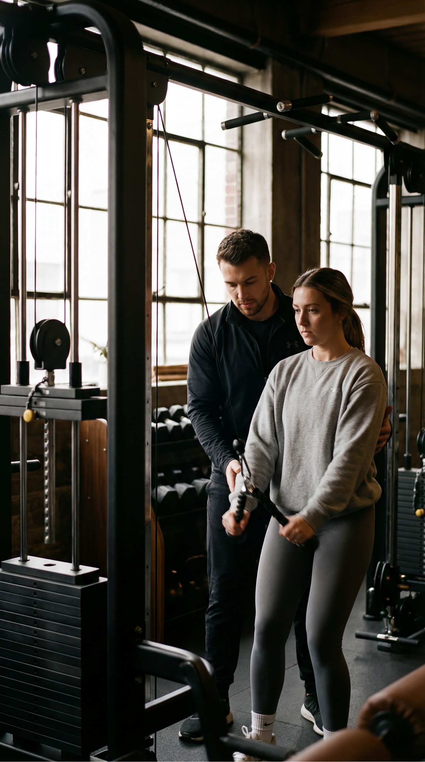Trainer showing a woman how to use a cable machine