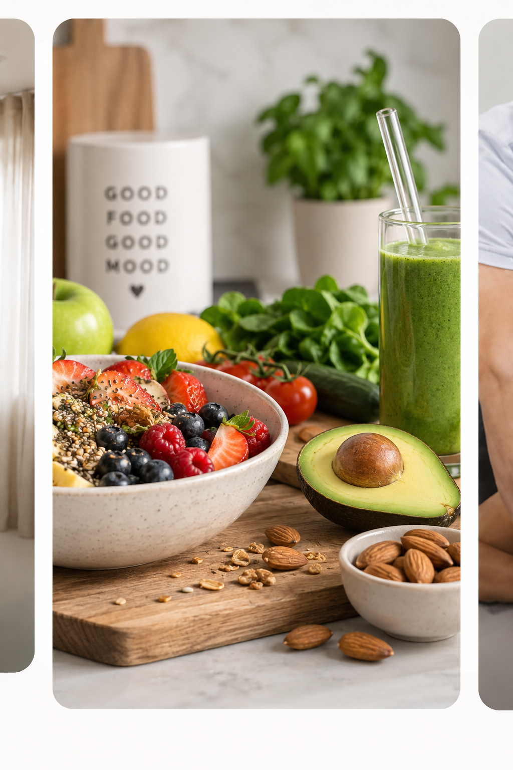Nutritionist at a table with fresh fruit and vegetables