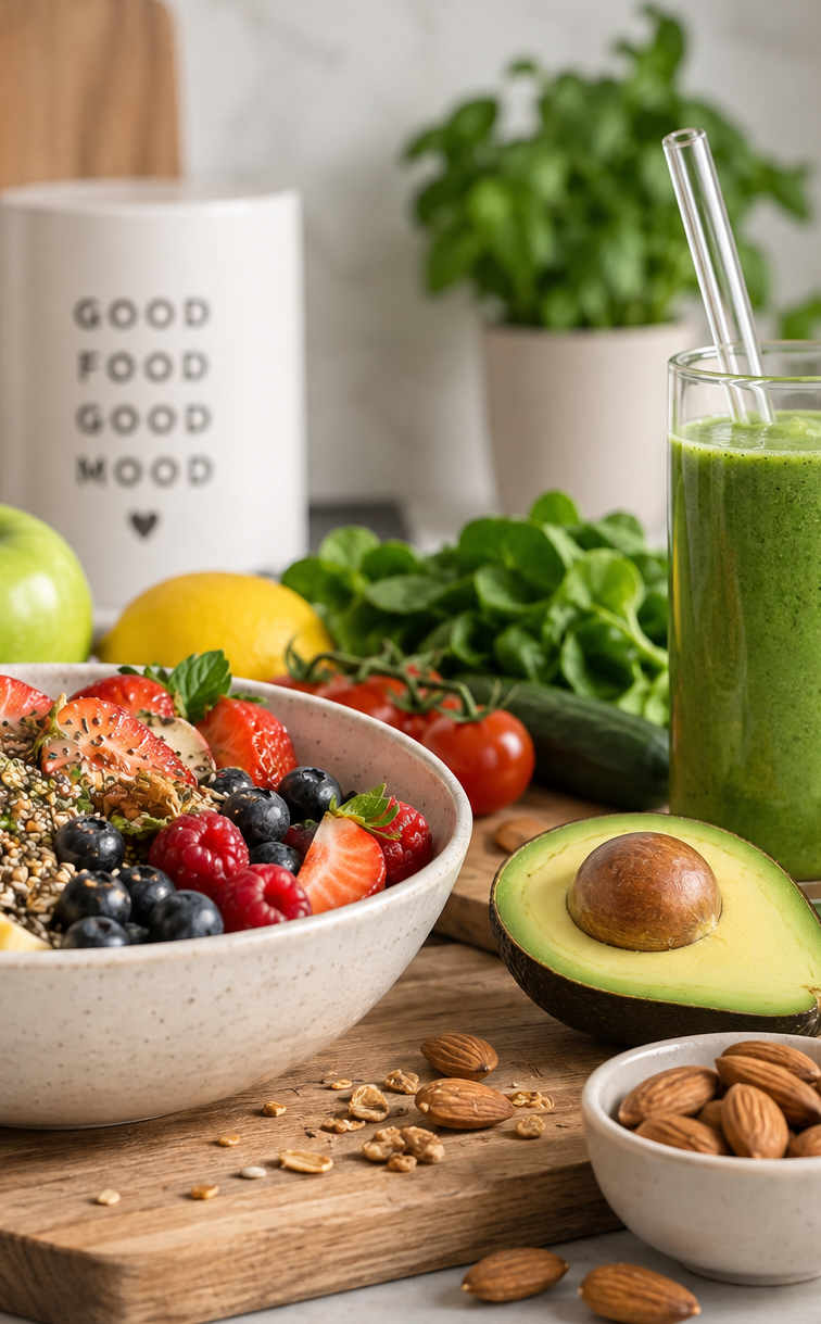 Nutritionniste à une table avec fruits et légumes frais
