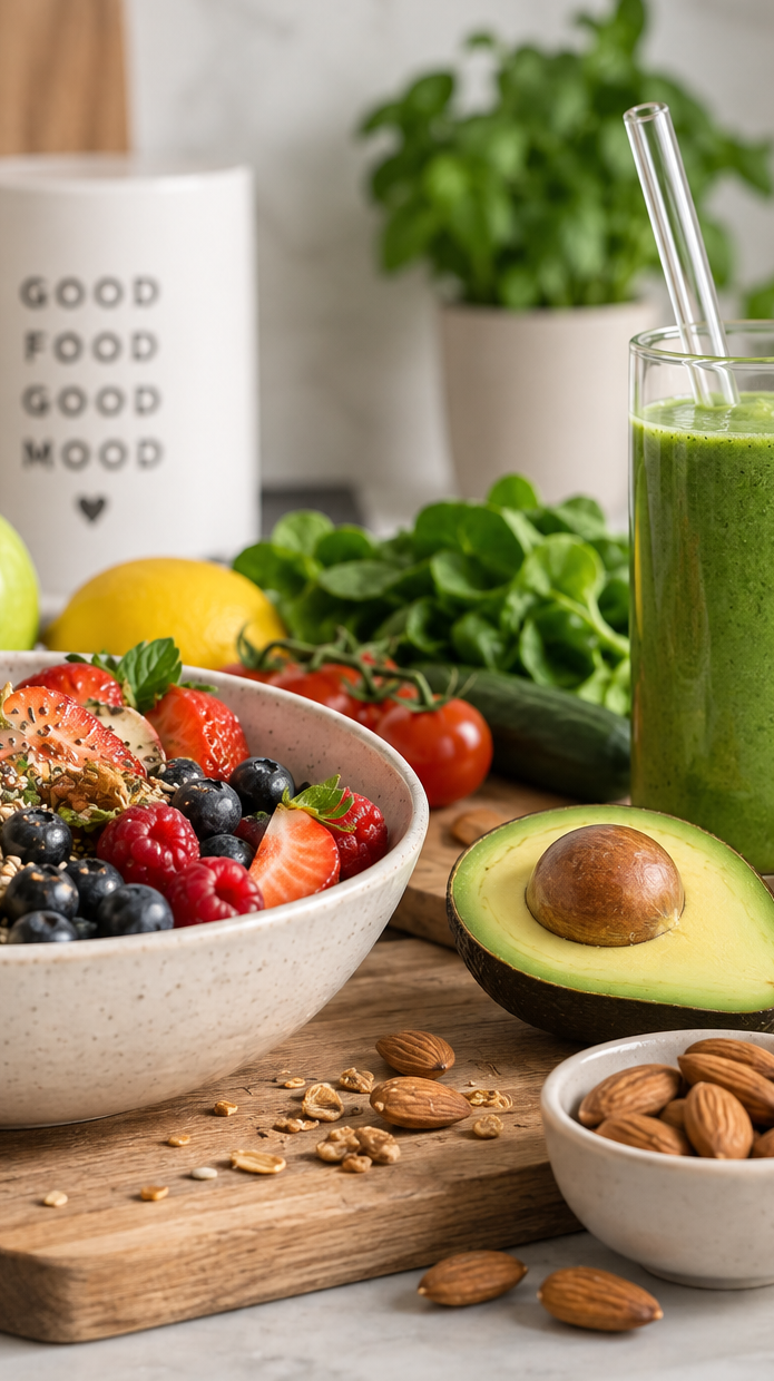 Nutritionist at a table with fresh fruit and vegetables