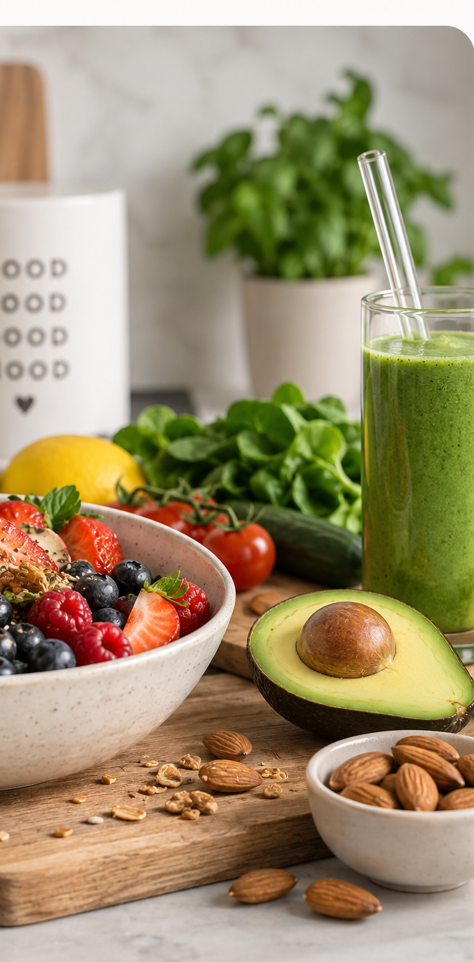 Ernährungsberaterin am Tisch mit frischem Obst und Gemüse