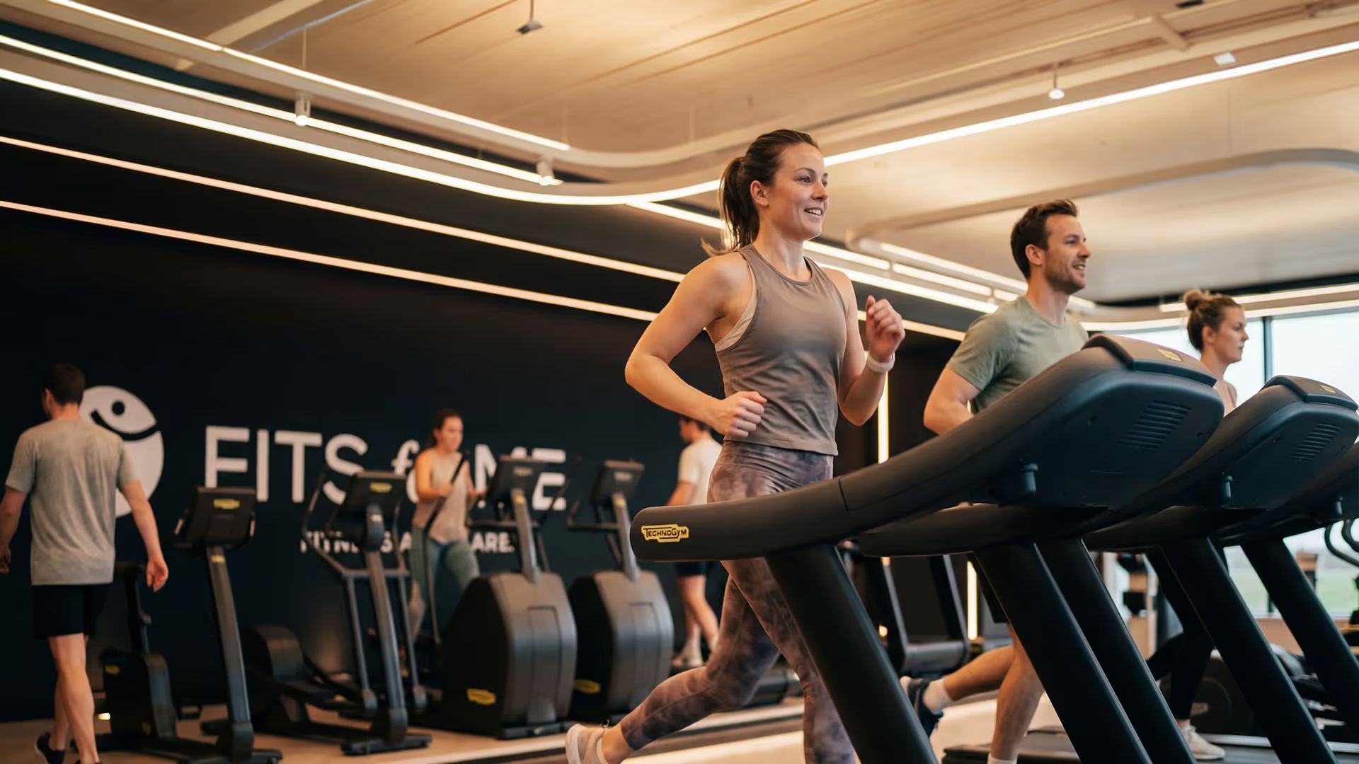 Two people running side by side on treadmills in the FITS for ME studio
