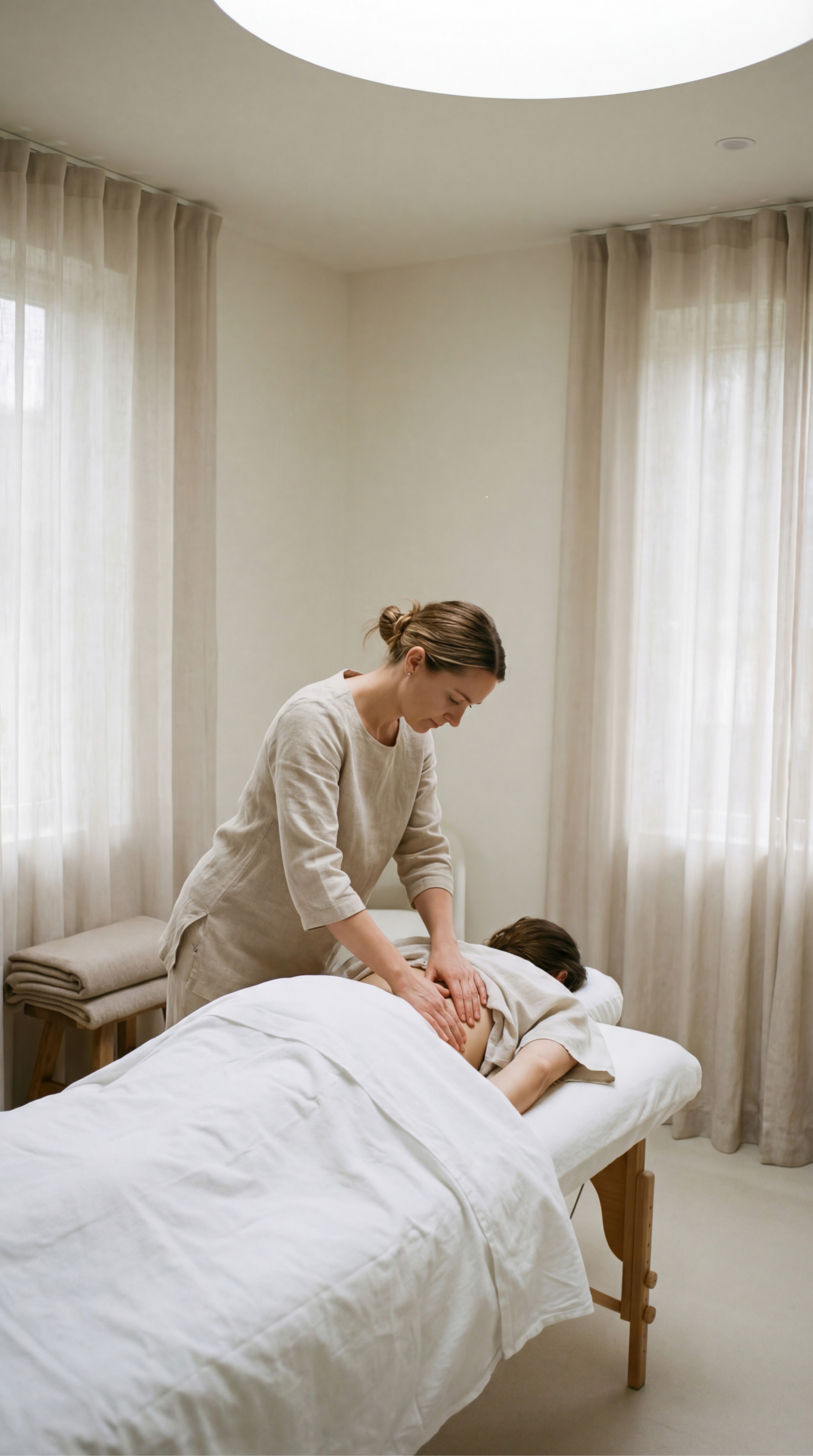 Physiotherapist at work in a bright treatment room