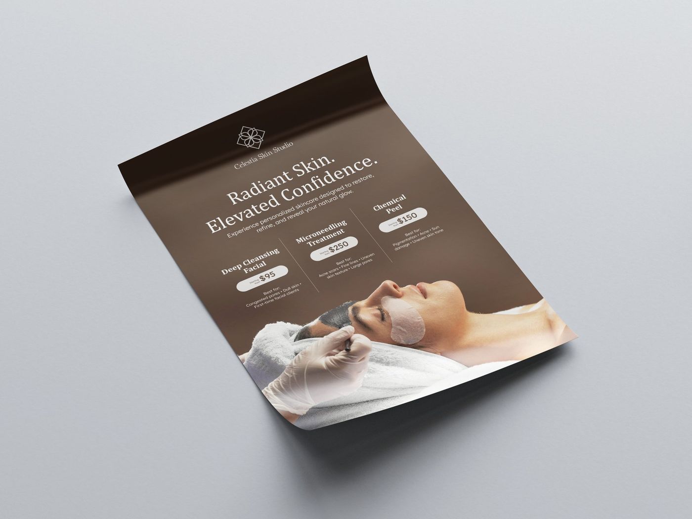 Printed skincare promotional poster with a curled corner