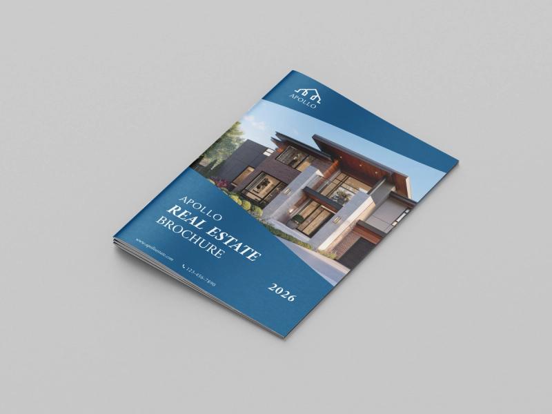 Closed real estate brochure with a full-bleed photo cover