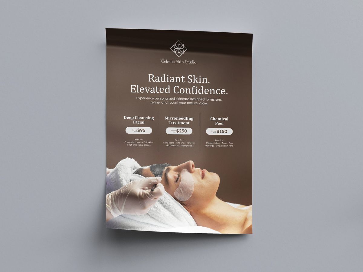 Printed promotional poster for a skincare studio