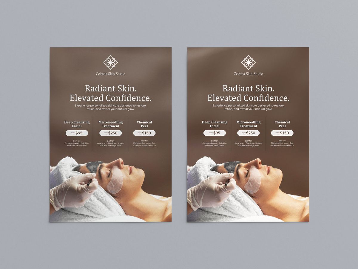 Two printed skincare studio posters displayed side by side