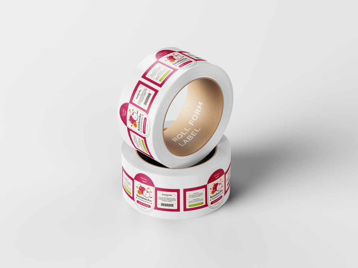 Two rolls of custom printed roll labels for product packaging