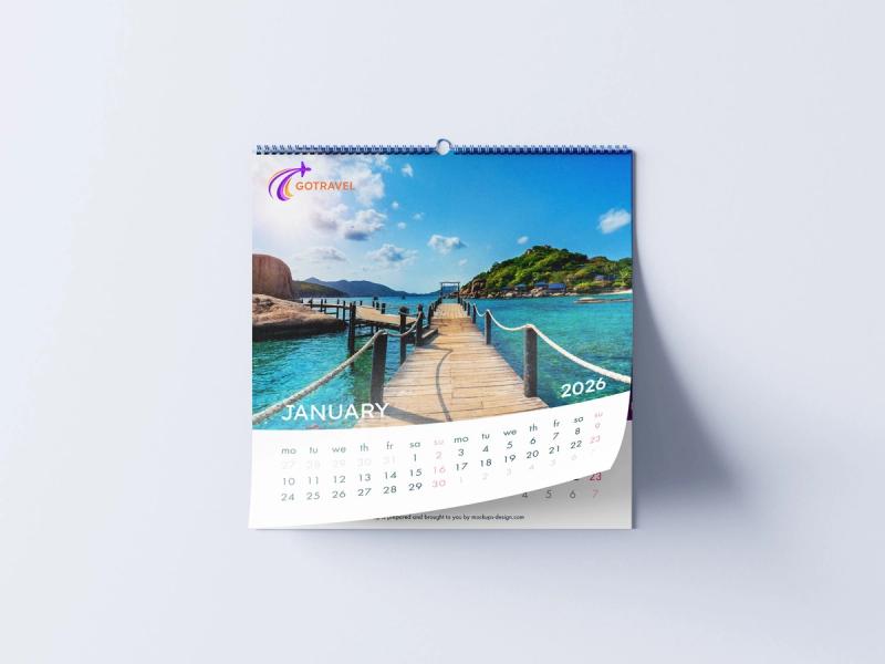 Wall calendar printed with a beach photo and January grid