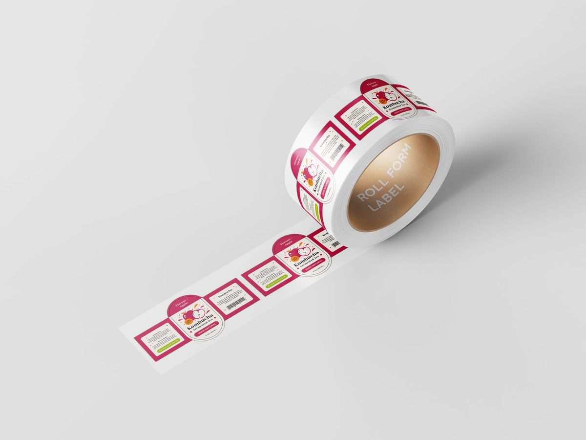 Roll of custom printed product labels partially unrolled
