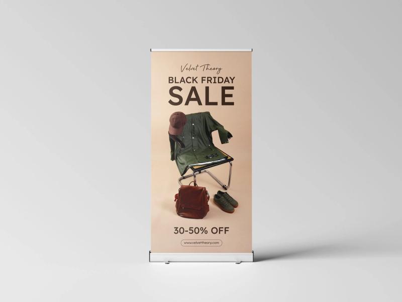 Retractable roll-up banner stand printed with a Black Friday sale design