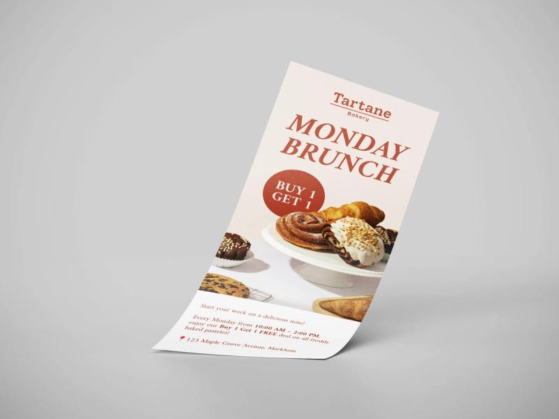 Curled printed flyer for a brunch promotion