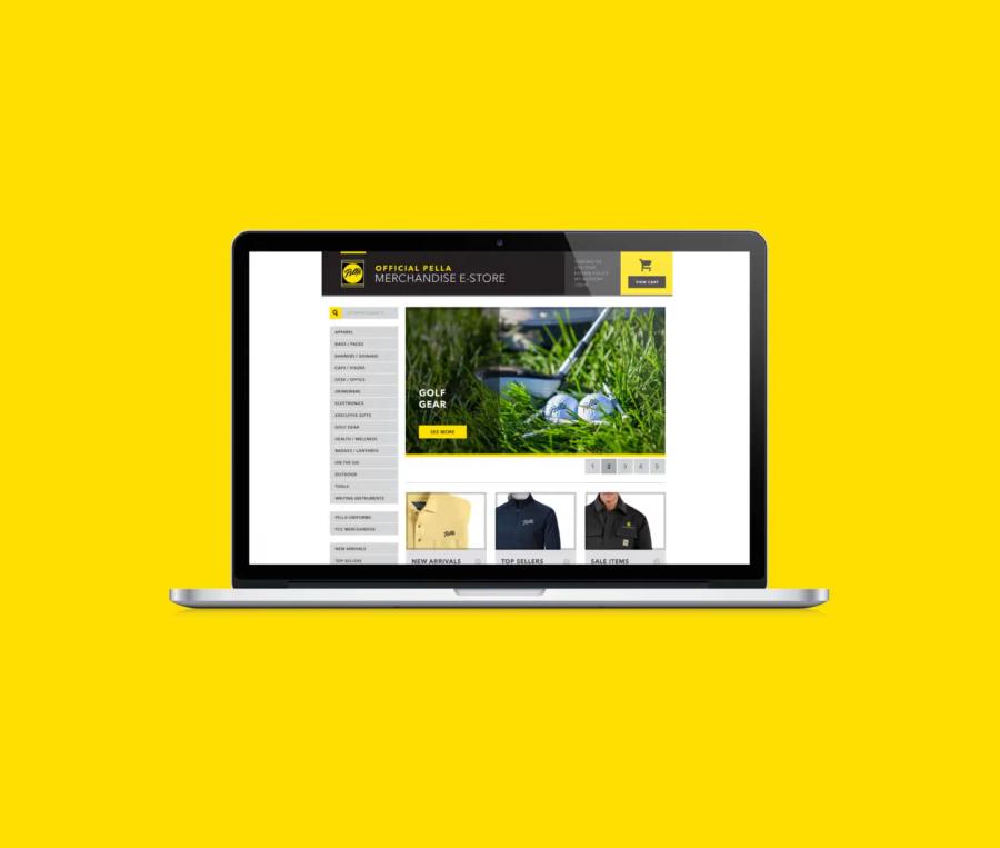 Pella merchandise store website featuring branded company apparel and promotional products