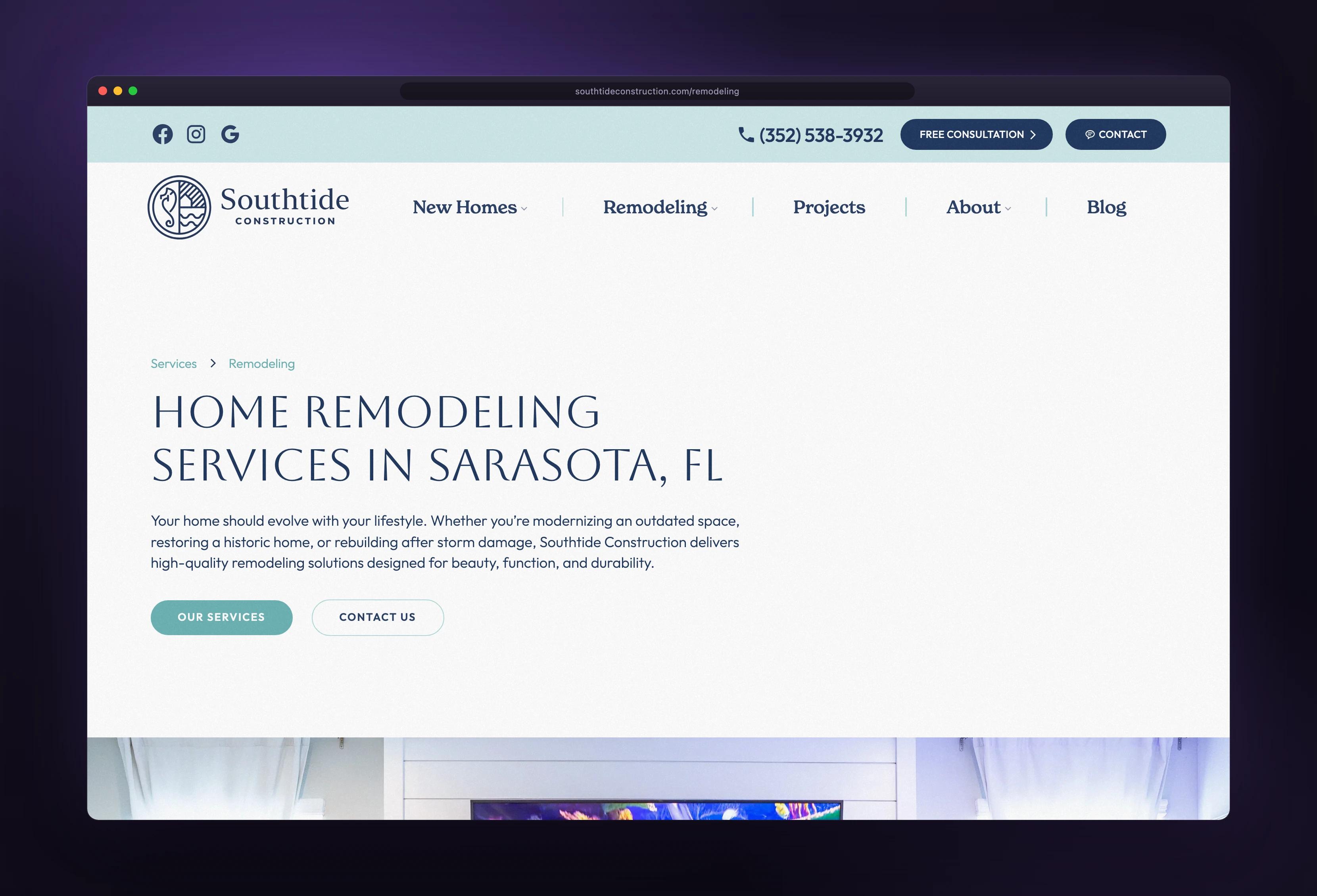 Southtide Construction remodeling shown in a browser window — designed and built by Dinko Design
