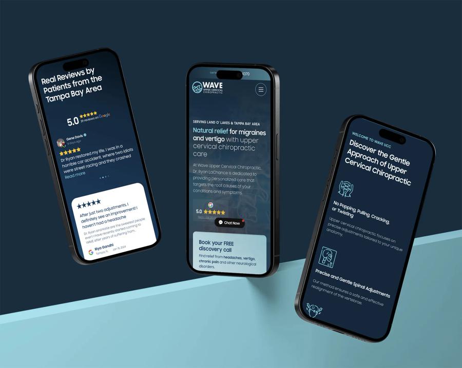 Wave Upper Cervical Chiropractic website homepage with calming design for Land O' Lakes Florida upper cervical care practice