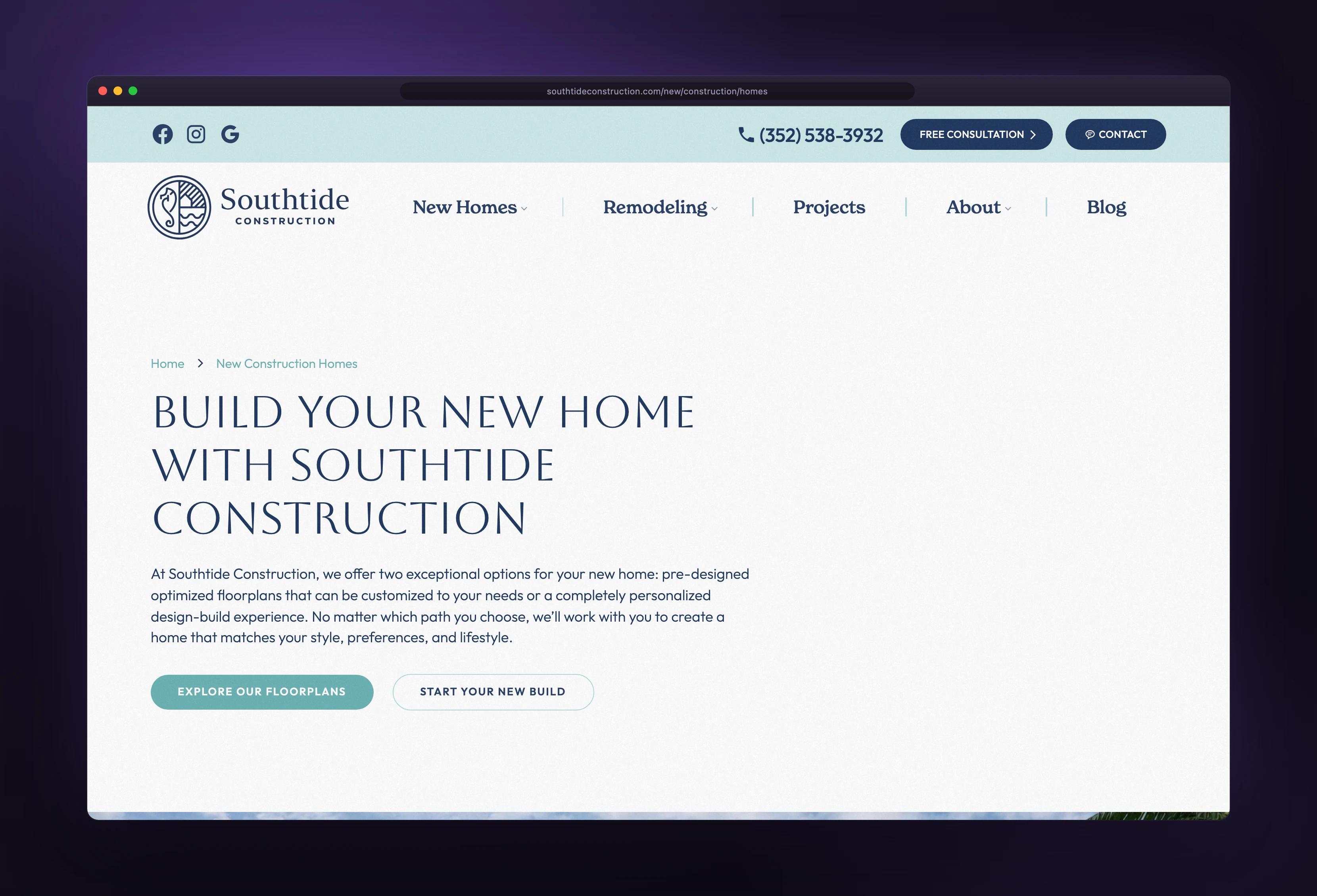 Southtide Construction new construction homes shown in a browser window — designed and built by Dinko Design