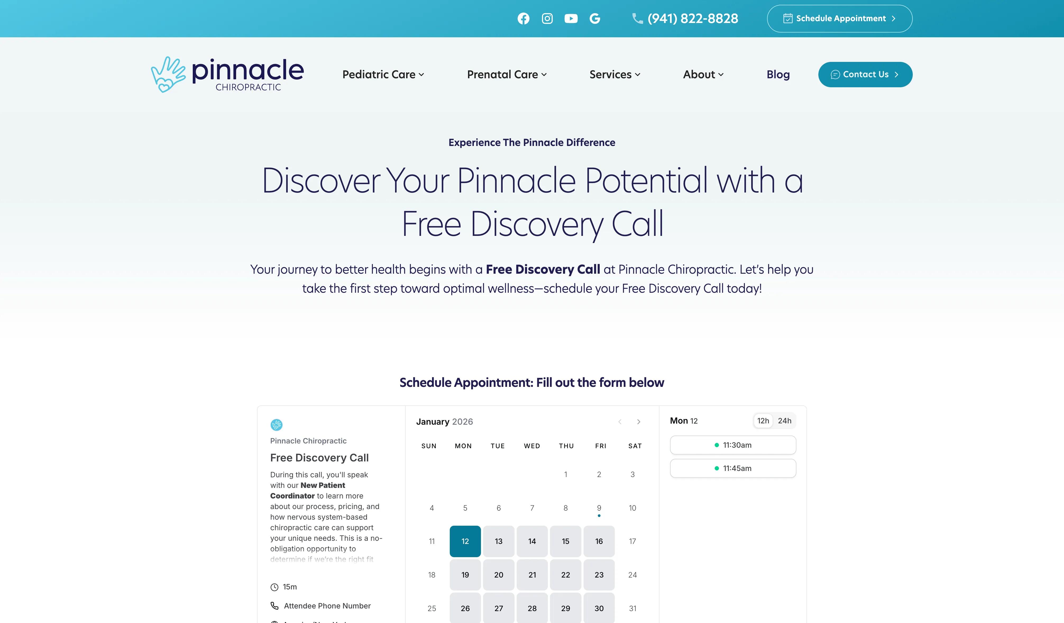 Pinnacle Chiropractic website homepage featuring pediatric and prenatal chiropractic services in Sarasota Florida