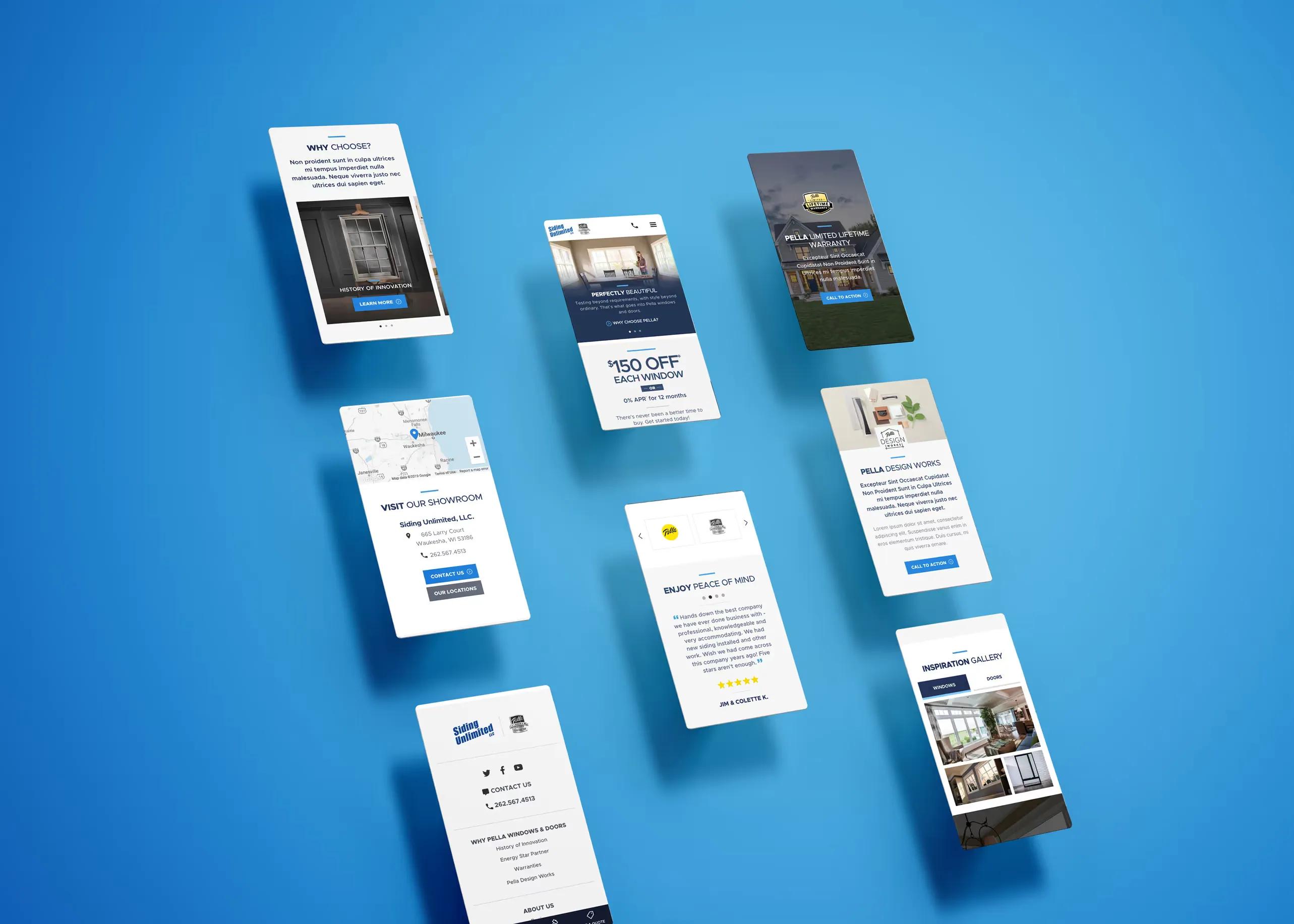 Pella contractor website template homepage displaying modern design for window and door dealers