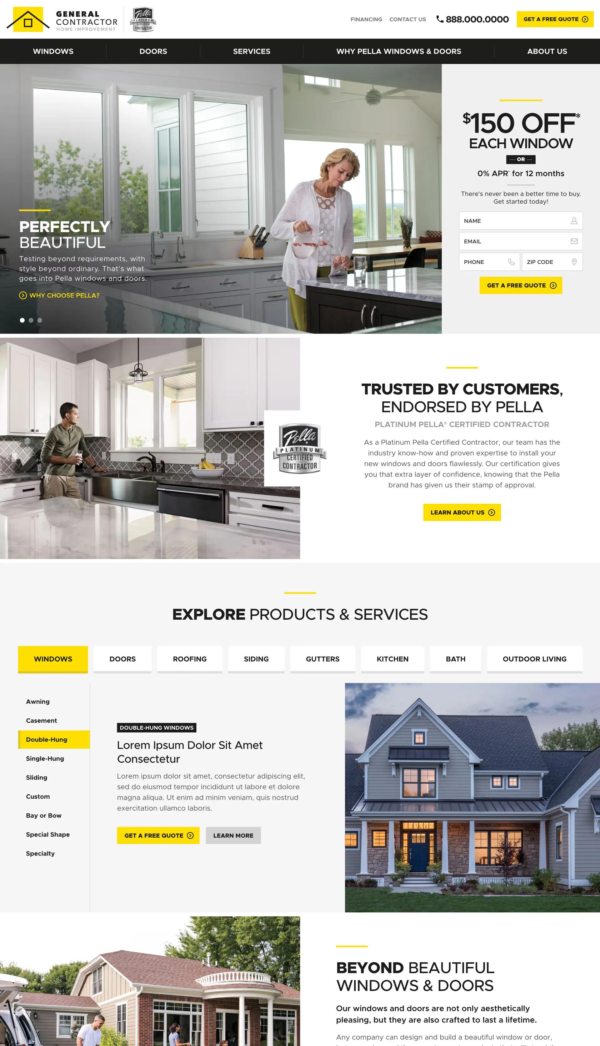 Pella contractor template interior page showcasing customizable service areas and product information