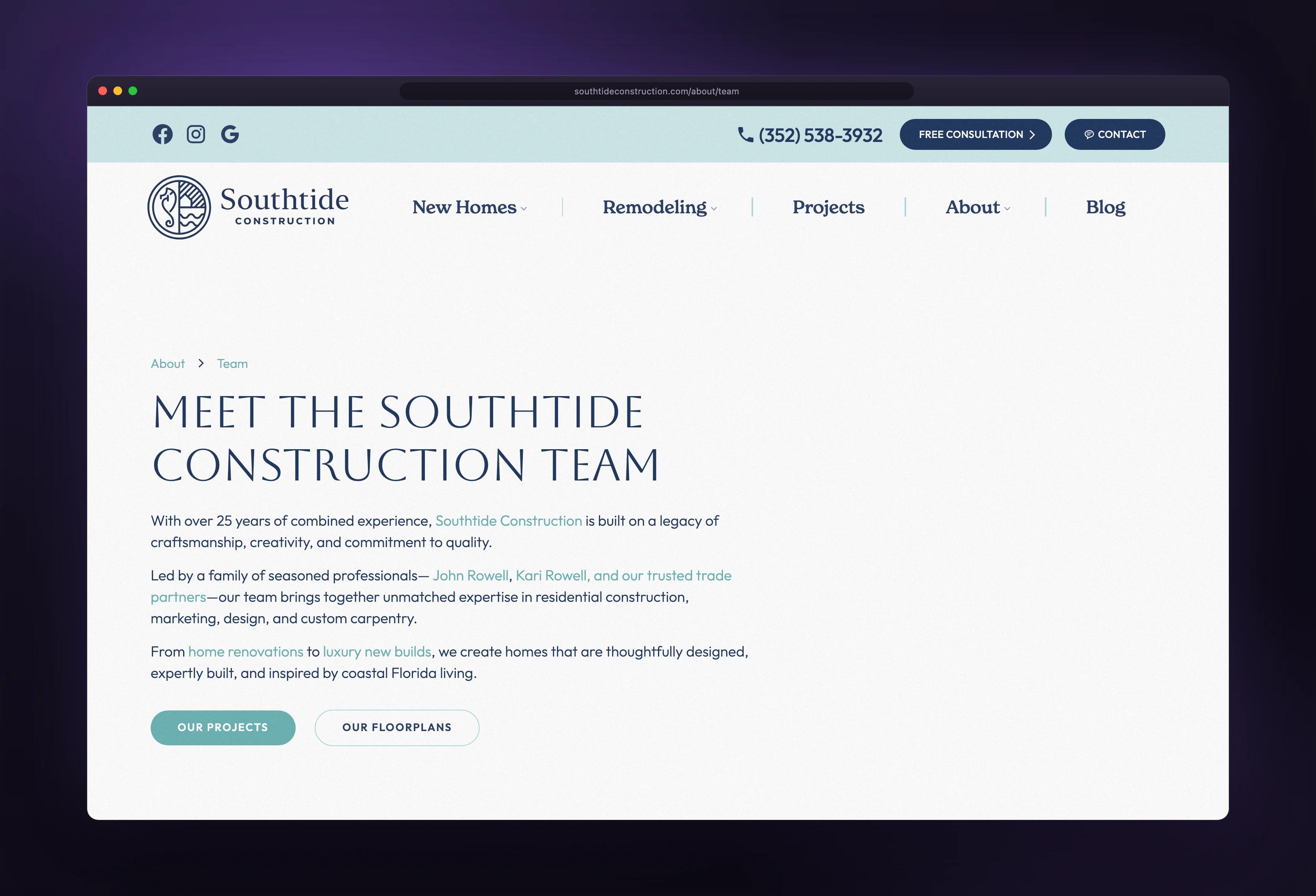 Southtide Construction about team shown in a browser window — designed and built by Dinko Design