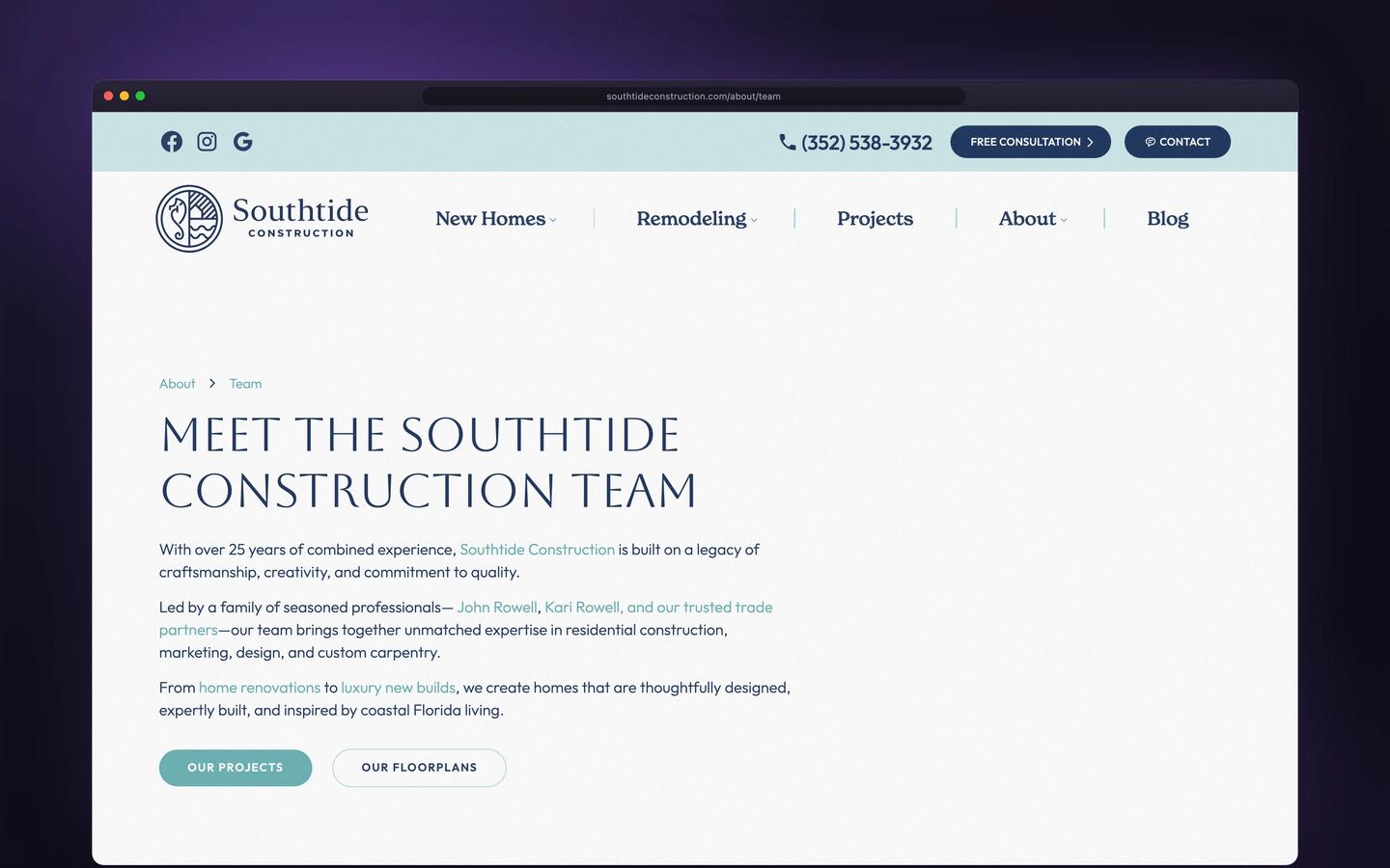 Southtide Construction about team shown in a browser window — designed and built by Dinko Design