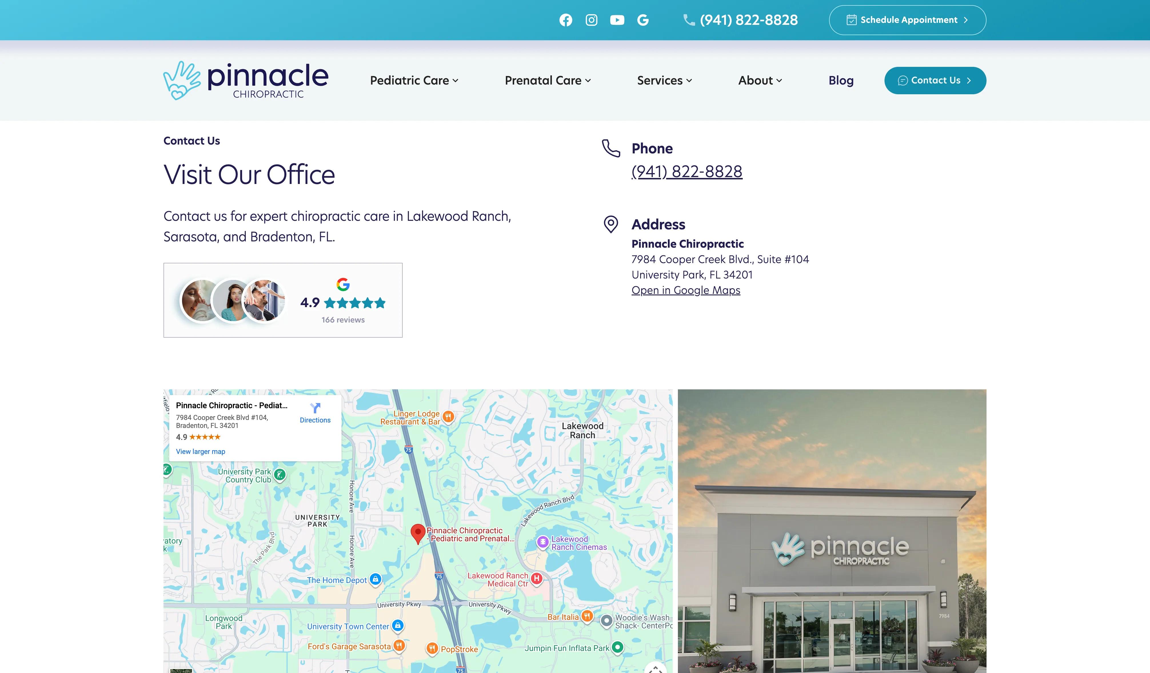 Pinnacle Chiropractic website homepage featuring pediatric and prenatal chiropractic services in Sarasota Florida