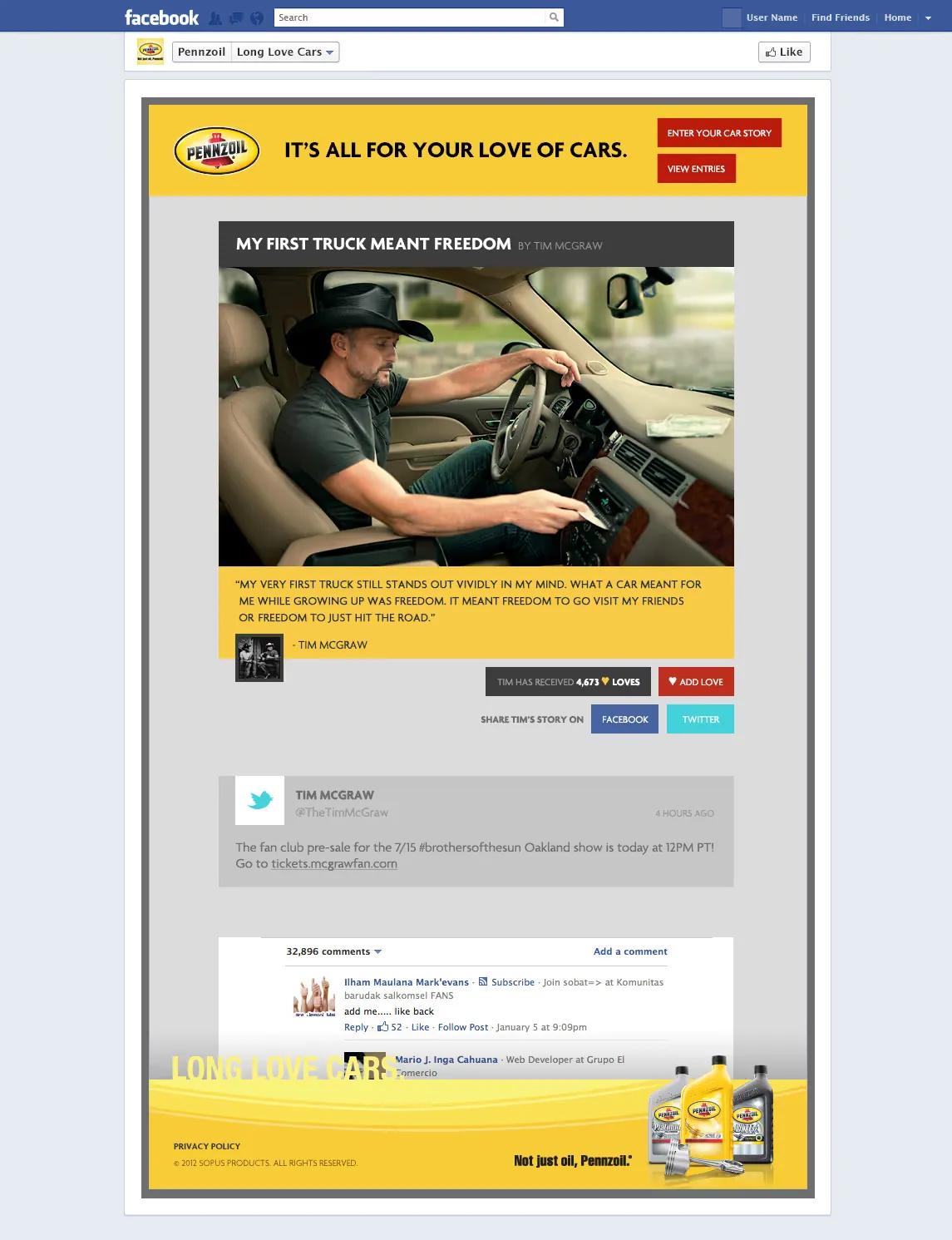 Pennzoil Car Stories campaign featuring Tim McGraw and branded automotive storytelling content