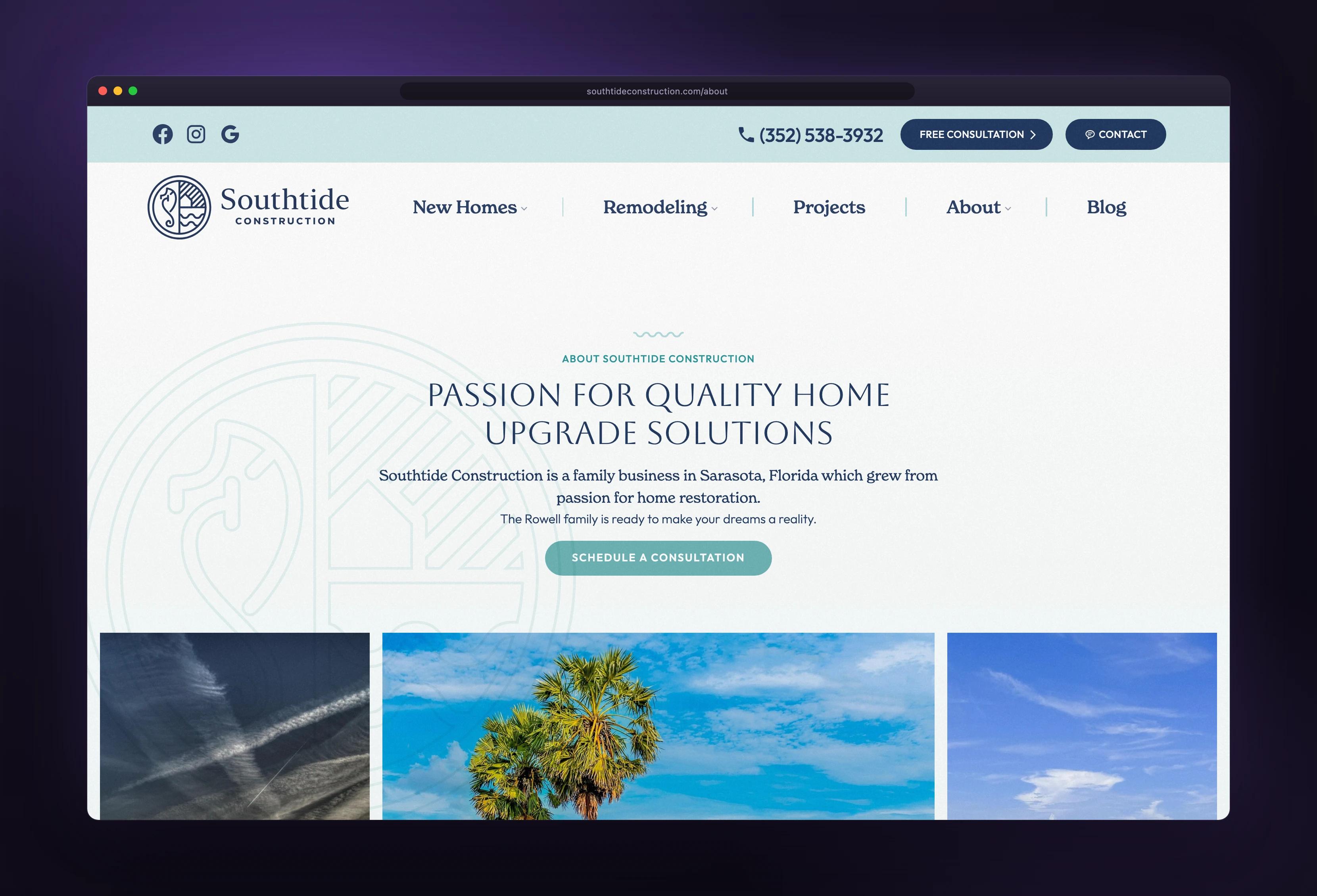 Southtide Construction about shown in a browser window — designed and built by Dinko Design
