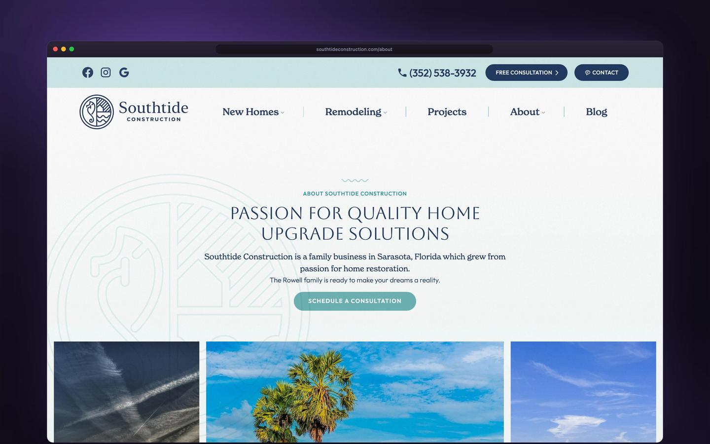 Southtide Construction about shown in a browser window — designed and built by Dinko Design