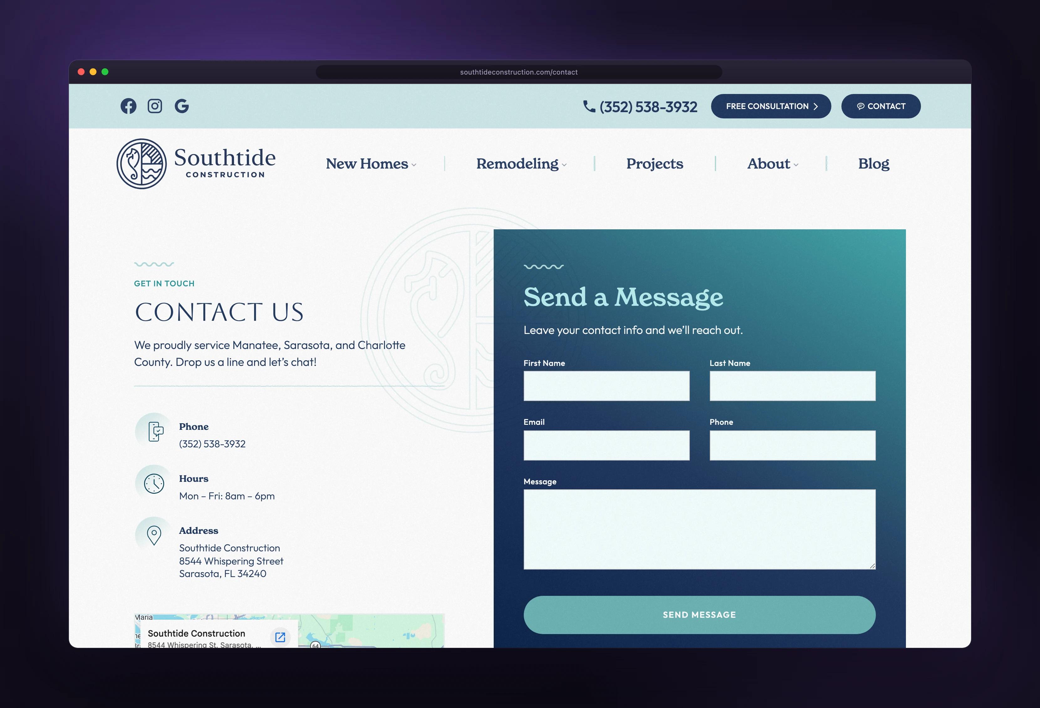 Southtide Construction contact shown in a browser window — designed and built by Dinko Design