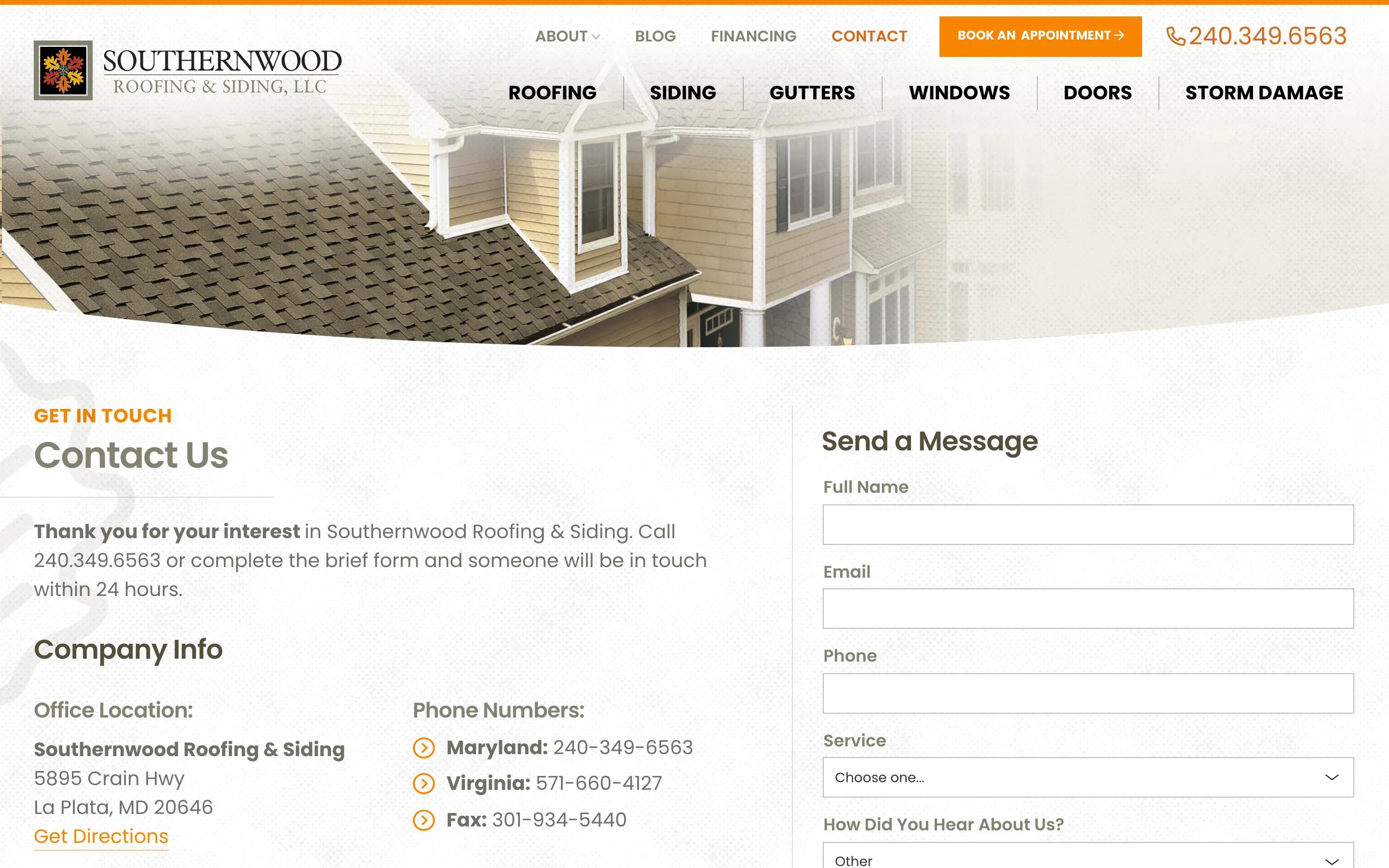 Southernwood Roofing & Siding contact desktop